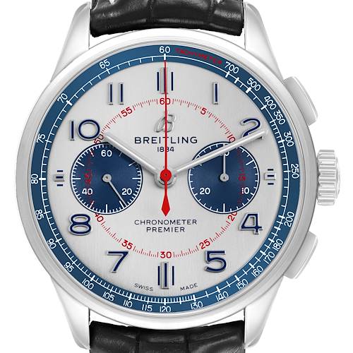 The Breitling Premier AB0118 Mens Stainless Steel Silver Dial watch is shown from a front angle, highlighting the dial, subdials, and tachymeter on the bezel.