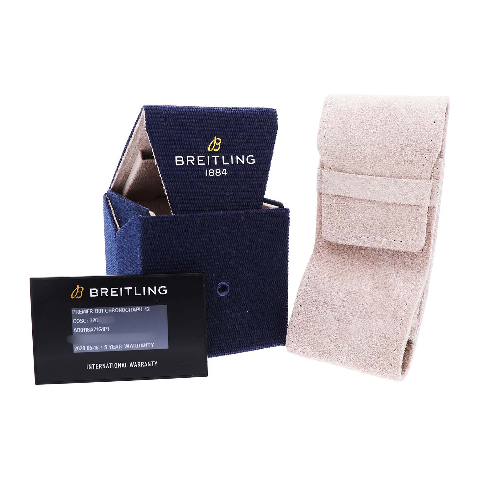 The image shows a Breitling Premier AB0118 Men's Stainless Steel Silver Dial model's packaging, warranty card, and a suede pouch.