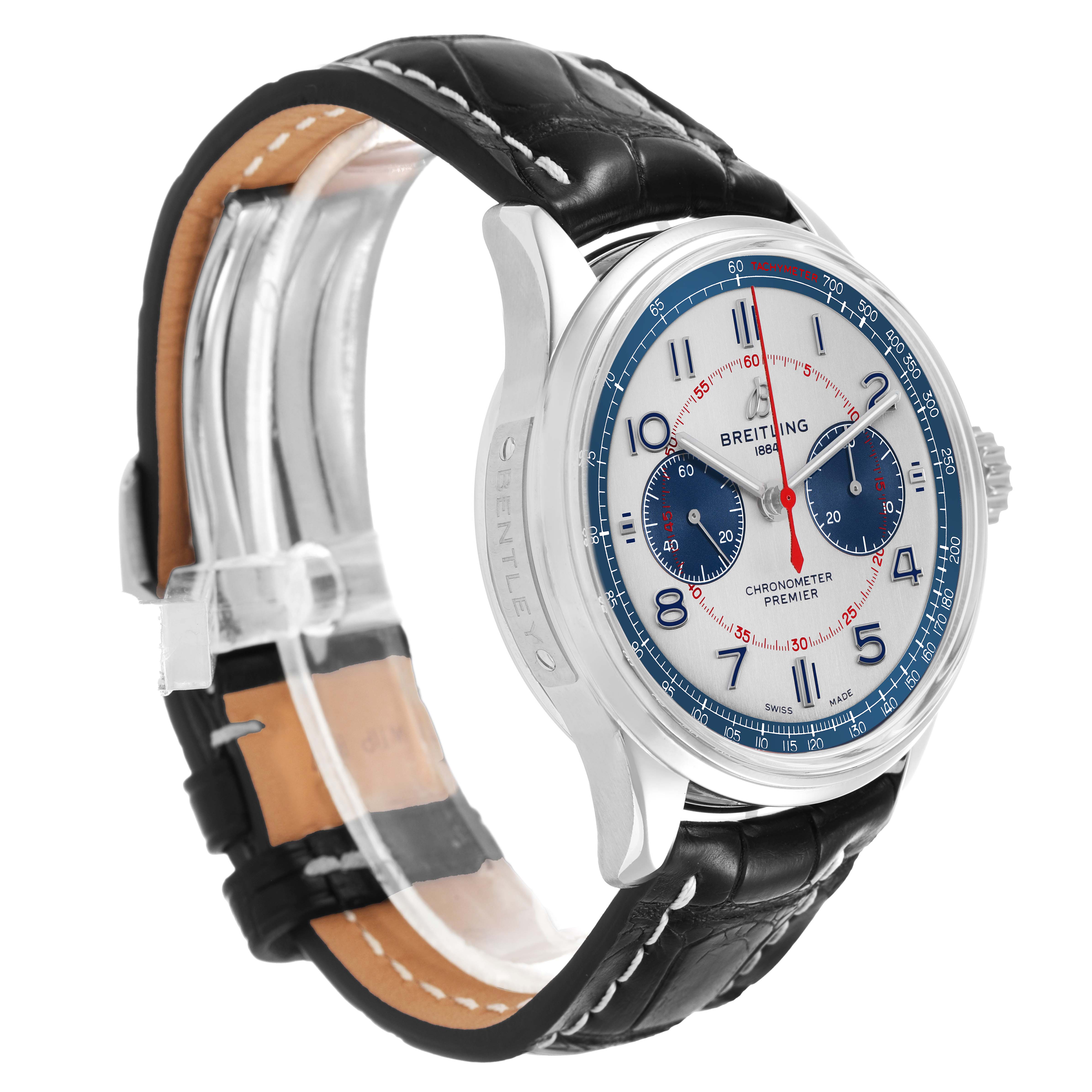 The Breitling Premier AB0118 Men's Stainless Steel Silver Dial watch is shown at a three-quarter angle, highlighting its face, chronograph dials, and leather strap.