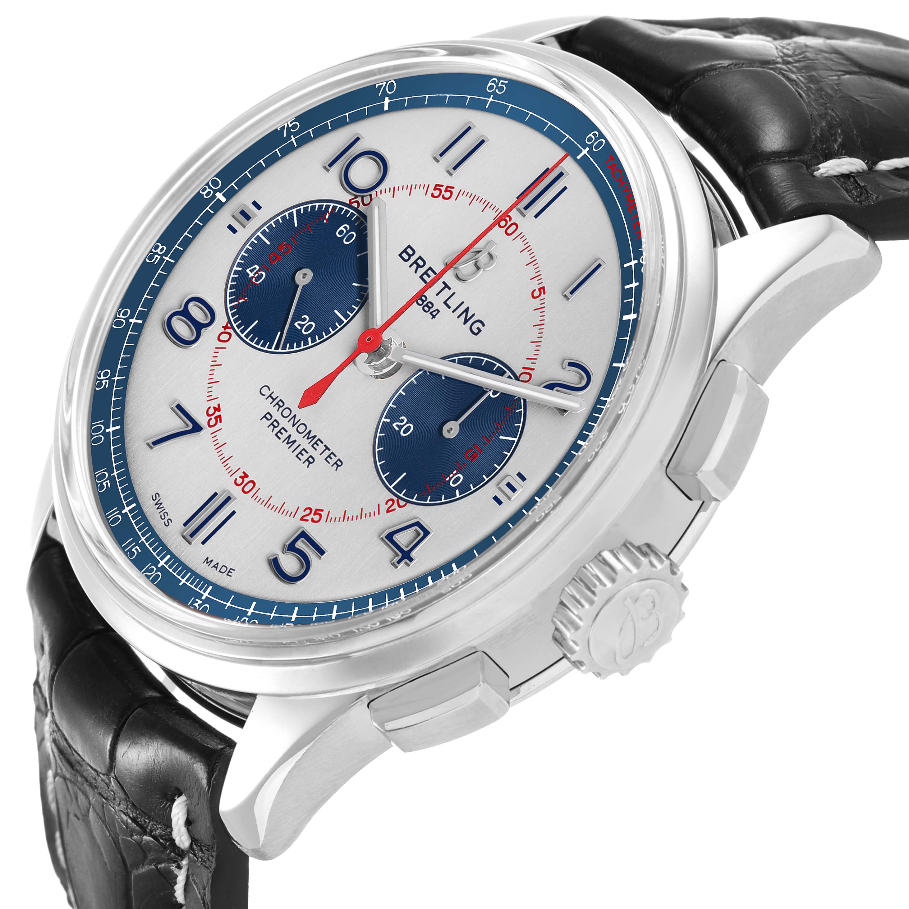 The Breitling Premier AB0118 Men's Stainless Steel Silver Dial watch is shown at a three-quarter angle, highlighting the face, crown, pushers, and leather strap.