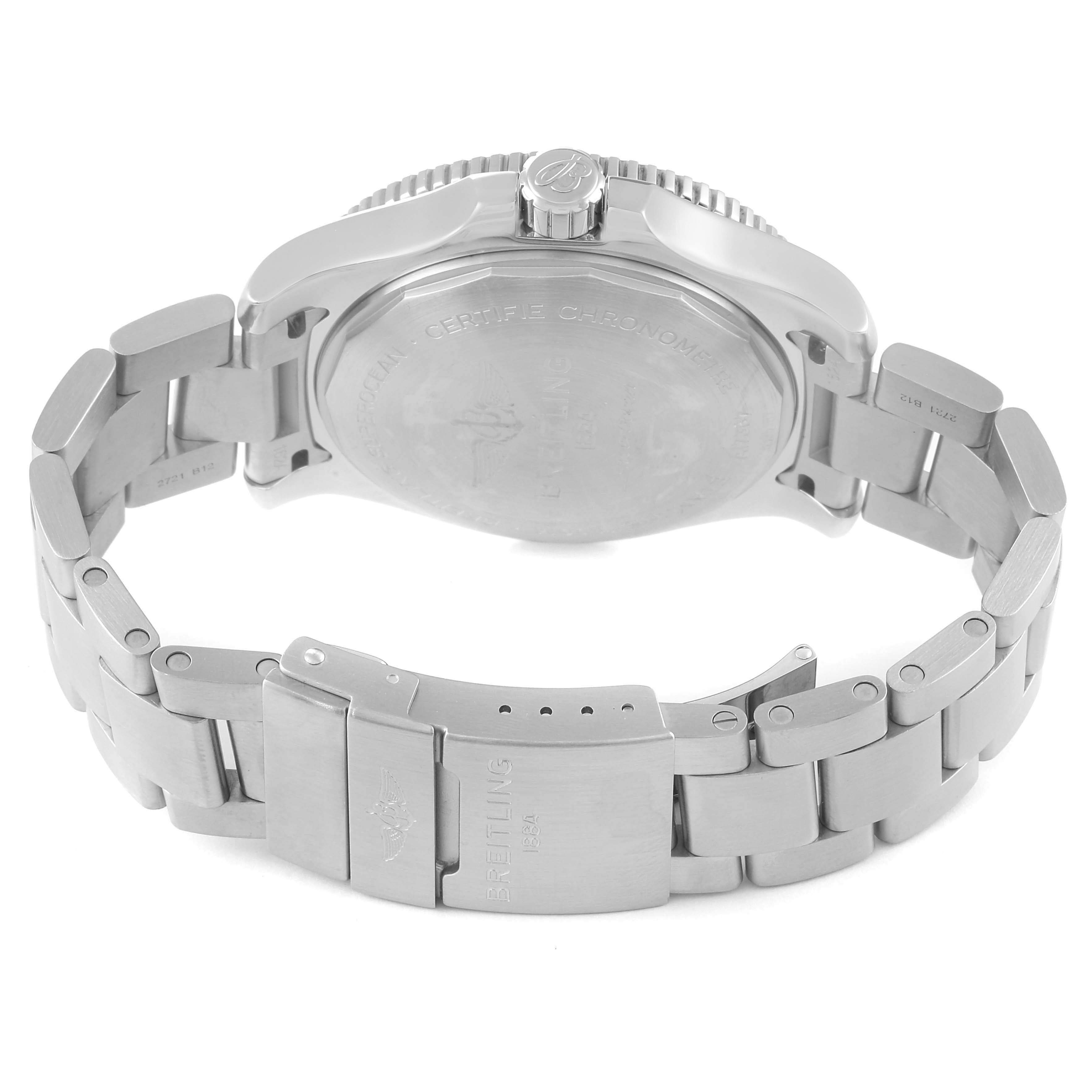 The image shows the back and bracelet of a Breitling Superocean A17367 Men
s Stainless Steel Blue Dial A17367 Men
s Stainless Steel Blue Dial watch at an angle, showcasing the clasp and case back.