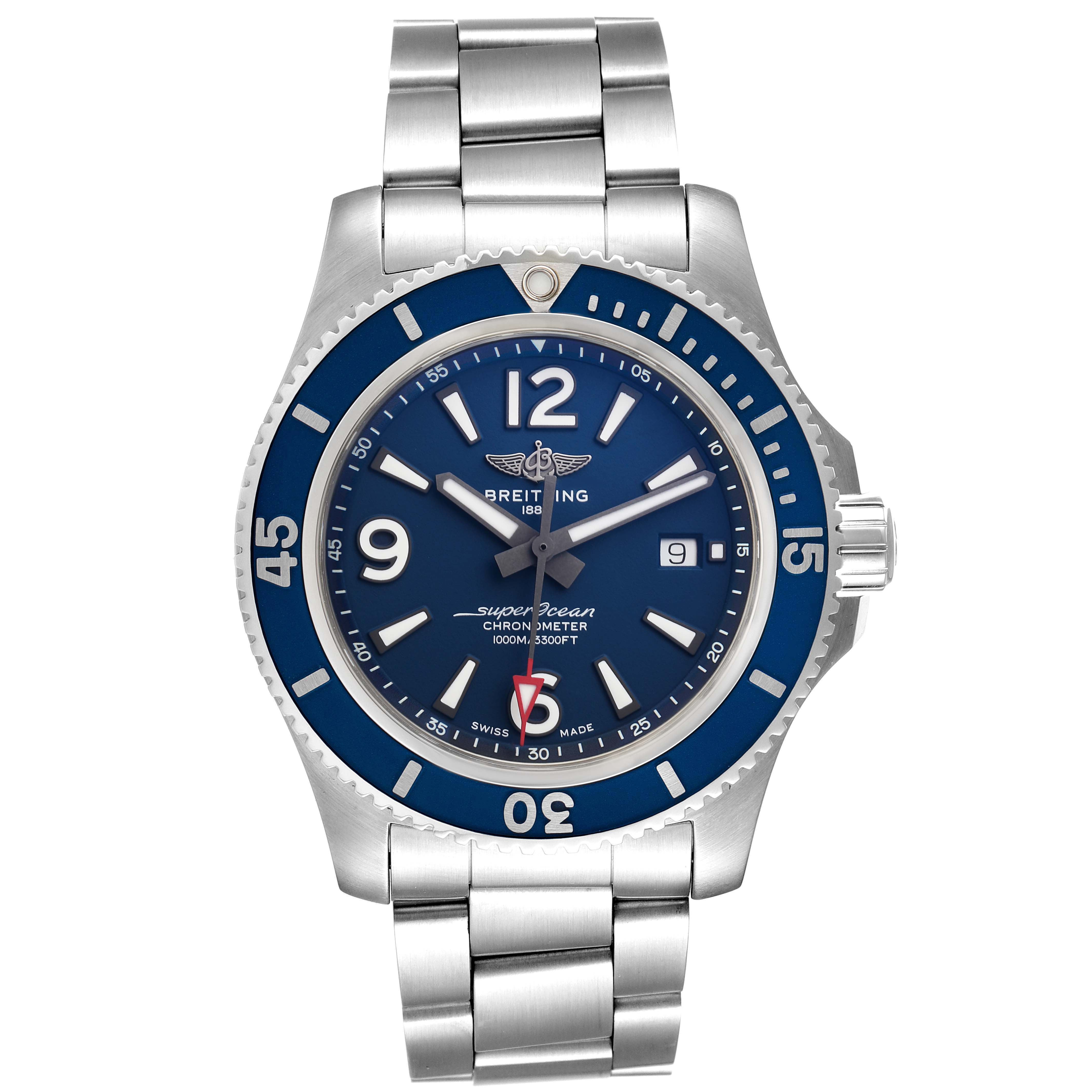 The image shows a front view of the Breitling Superocean A17367 Men
s Stainless Steel Blue Dial A17367 Men
s Stainless Steel Blue Dial watch, highlighting the blue dial, stainless steel band, and bezel.