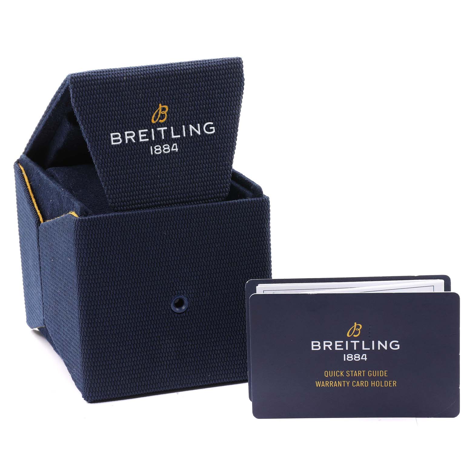 The image shows the packaging box and warranty card holder for a Breitling Superocean A17367 Men
s Stainless Steel Blue Dial A17367 Men
s Stainless Steel Blue Dial watch.