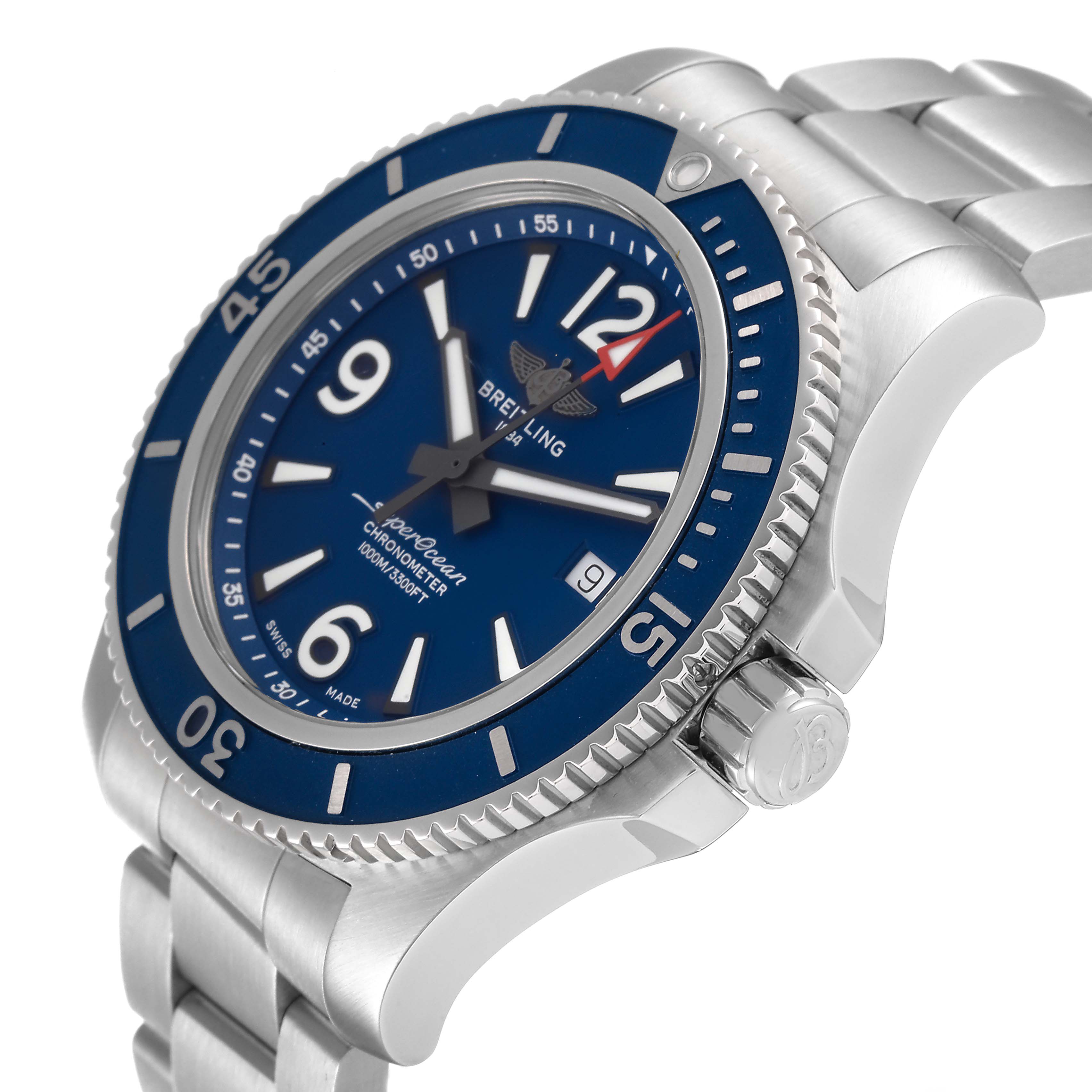 The Breitling Superocean A17367 Men
s Stainless Steel Blue Dial A17367 Men
s Stainless Steel Blue Dial watch is shown at a three-quarter angle, highlighting the blue dial, bezel, crown, and metal bracelet.