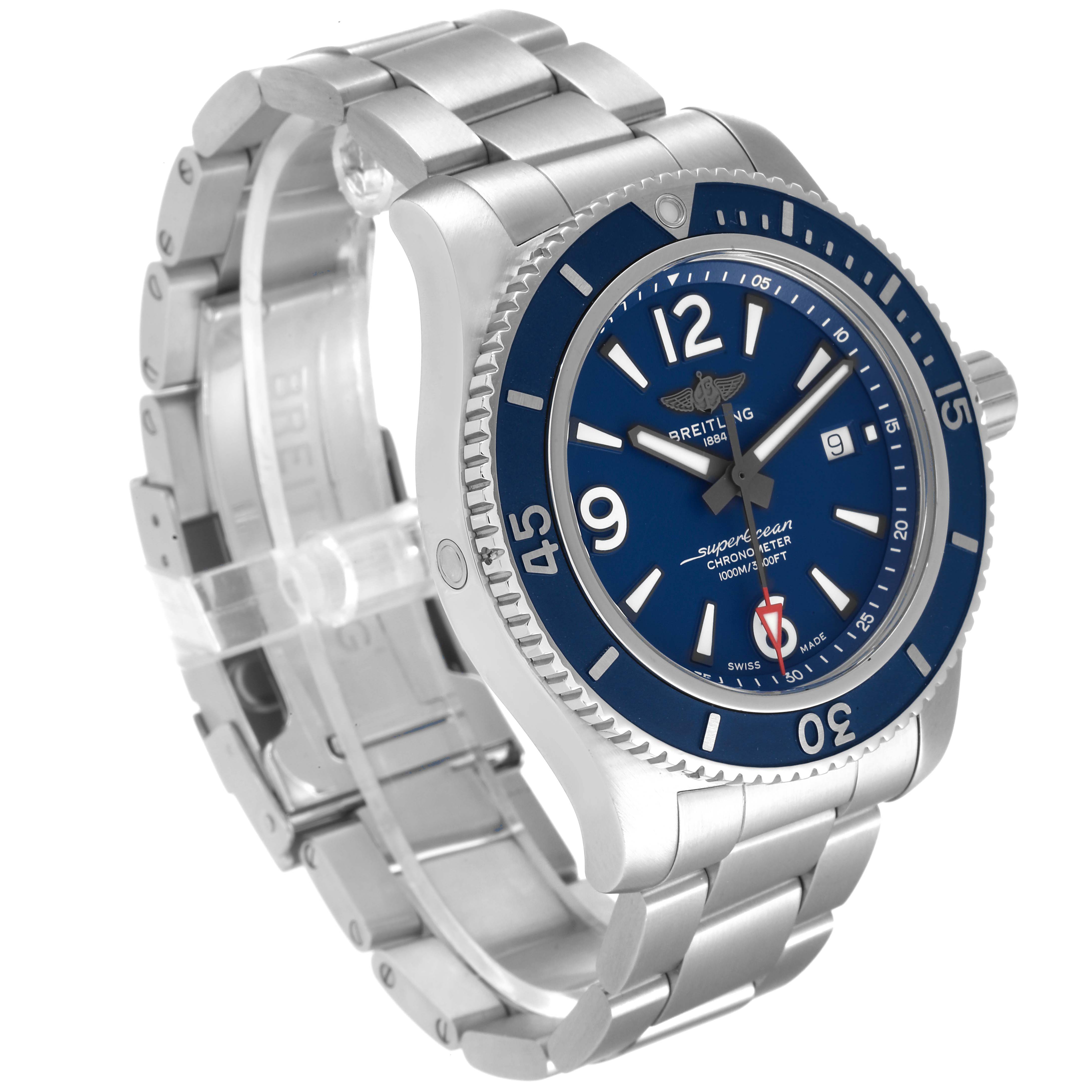 The image shows a side angle view of the Breitling Superocean A17367 Men
s Stainless Steel Blue Dial A17367 Men
s Stainless Steel Blue Dial watch, highlighting the blue dial, bezel, and metal bracelet.