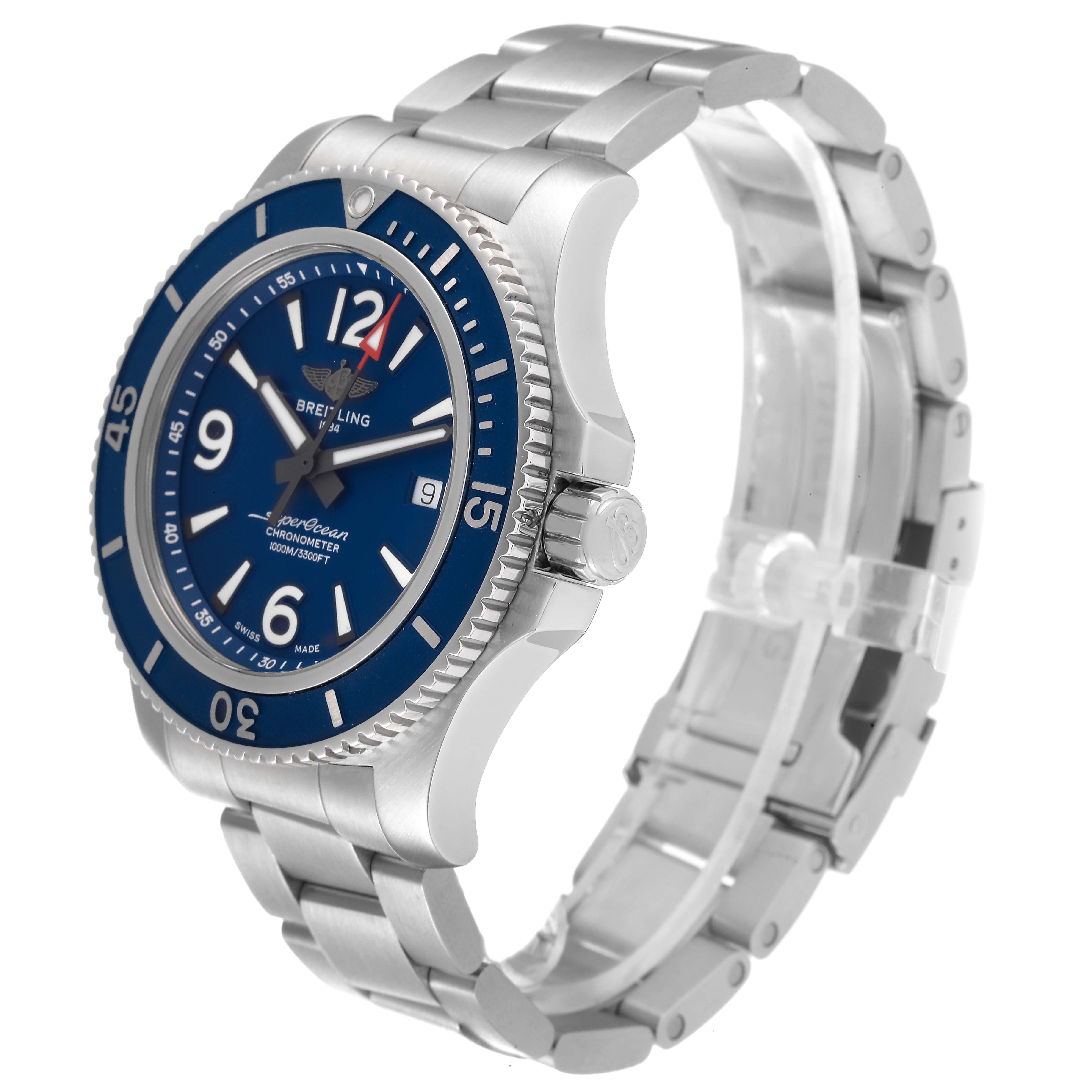 The image shows a side-angle view of the Breitling Superocean A17367 Men
s Stainless Steel Blue Dial A17367 Men
s Stainless Steel Blue Dial watch, highlighting the bezel, face, crown, and bracelet.
