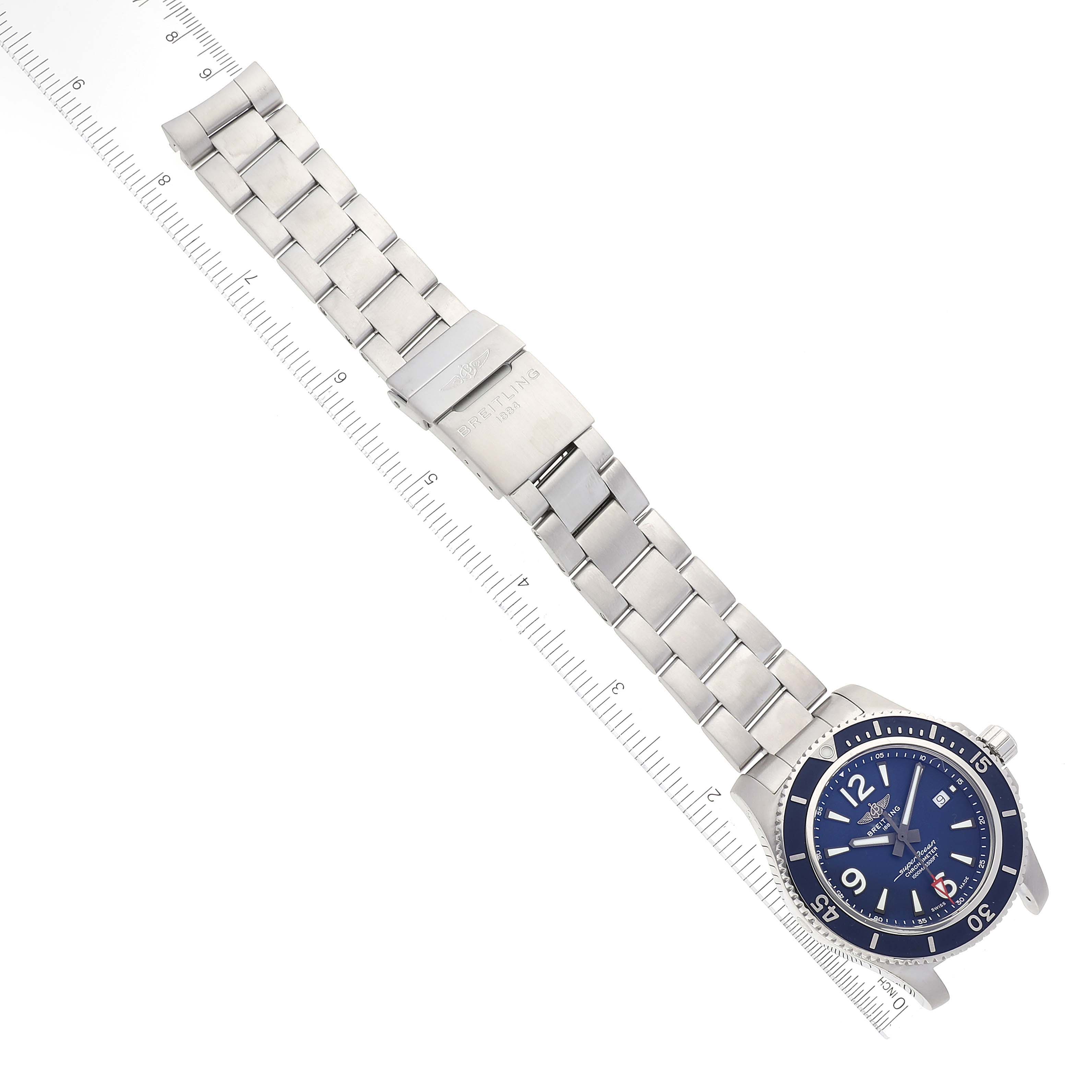 The Breitling Superocean A17367 Men
s Stainless Steel Blue Dial A17367 Men
s Stainless Steel Blue Dial watch is shown from an overhead view, highlighting its metal bracelet and blue dial.