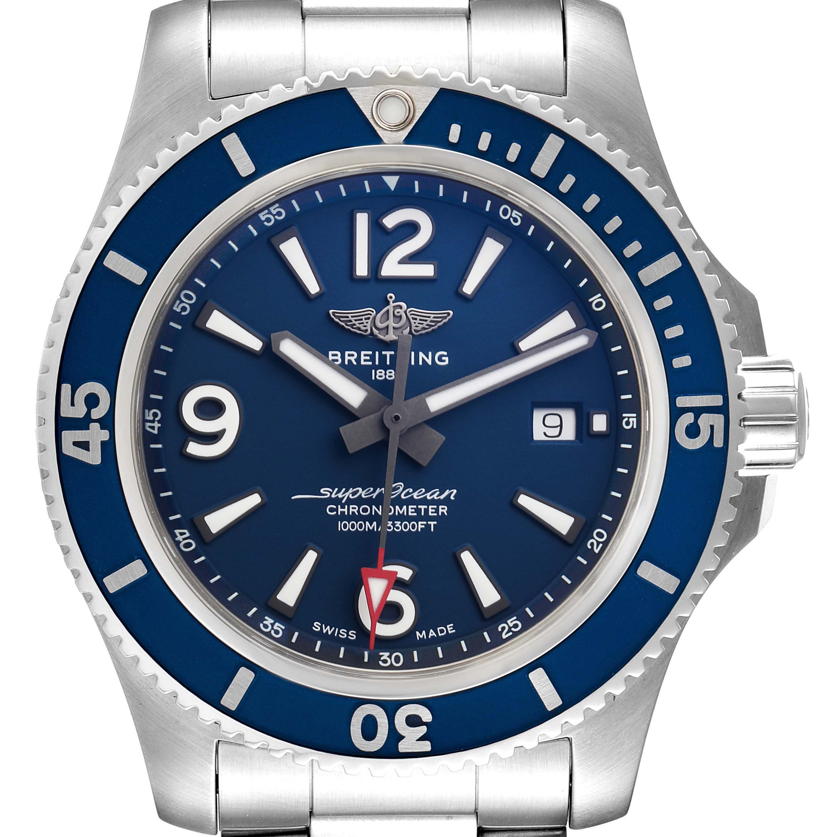 The image displays a front view of the Breitling Superocean A17367 Men
s Stainless Steel Blue Dial A17367 Men
s Stainless Steel Blue Dial watch, showing the dial, bezel, and part of the metal bracelet.