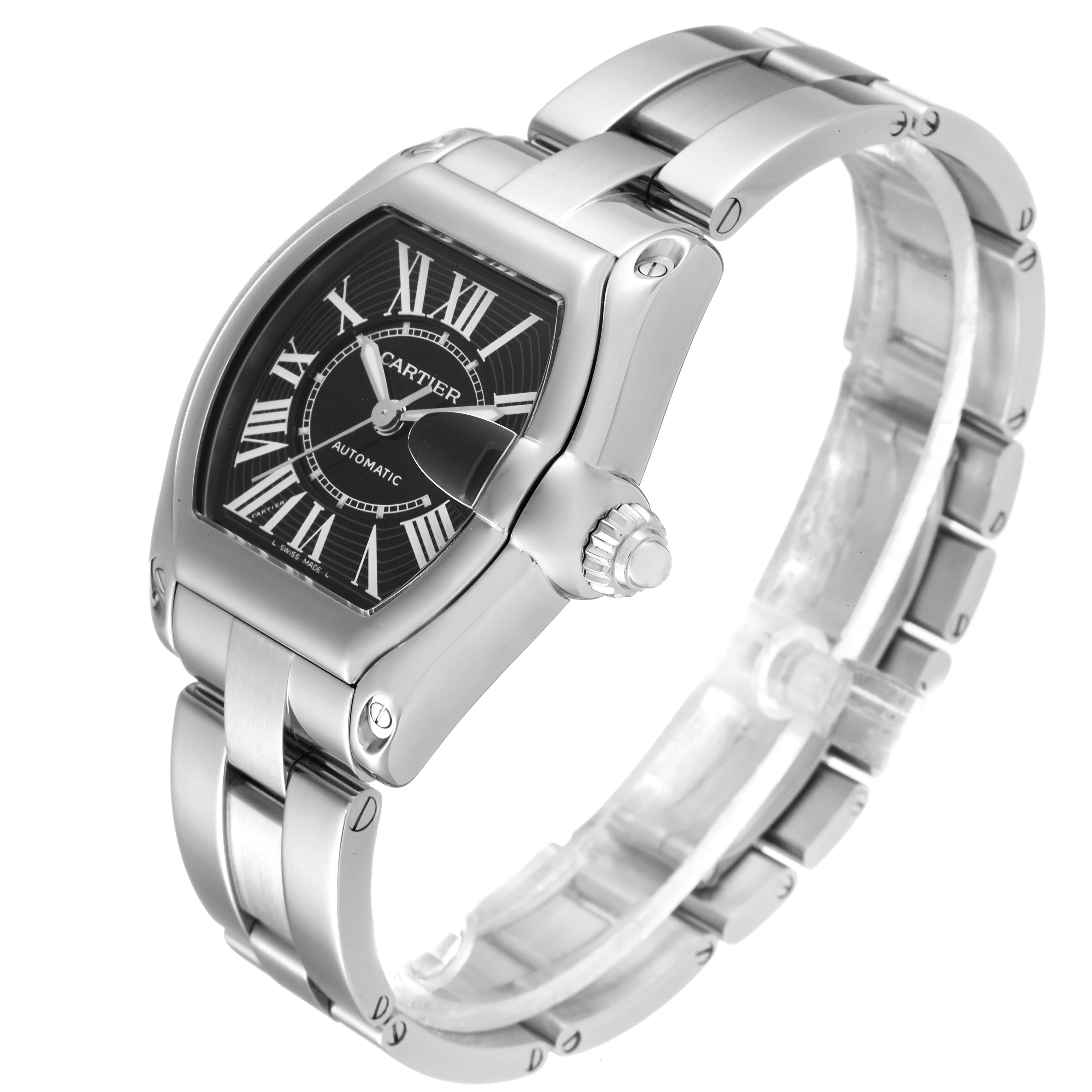 This Cartier Roadster W62041V3 Men's Stainless Steel Black Dial W62041V3 Men's Stainless Steel Black Dial watch is shown at an angled side view, highlighting the face, case, crown, and bracelet.