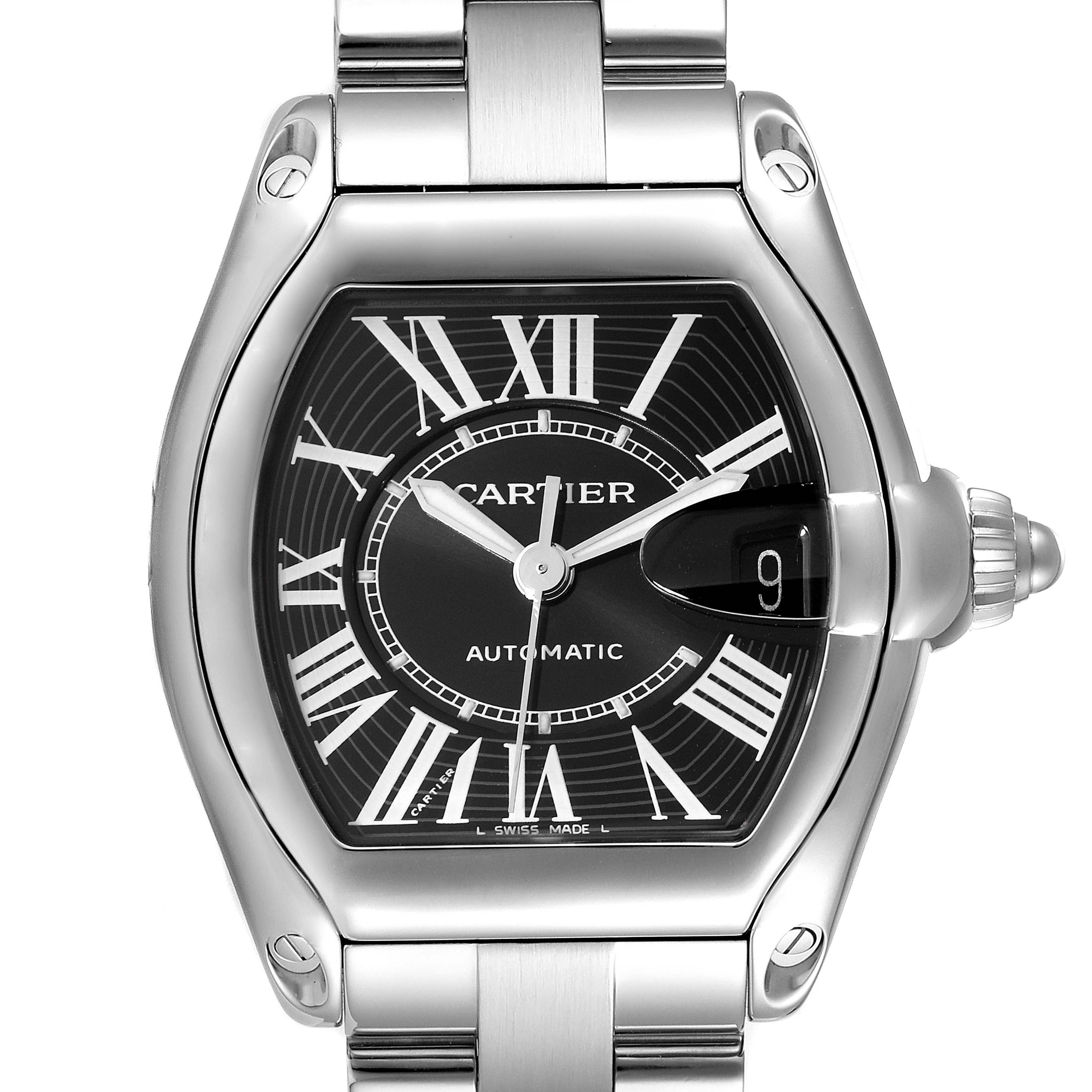 The image shows a frontal view of the Cartier Roadster W62041V3 Men's Stainless Steel Black Dial W62041V3 Men's Stainless Steel Black Dial watch, displaying its dial, bezel, crown, and part of the bracelet.