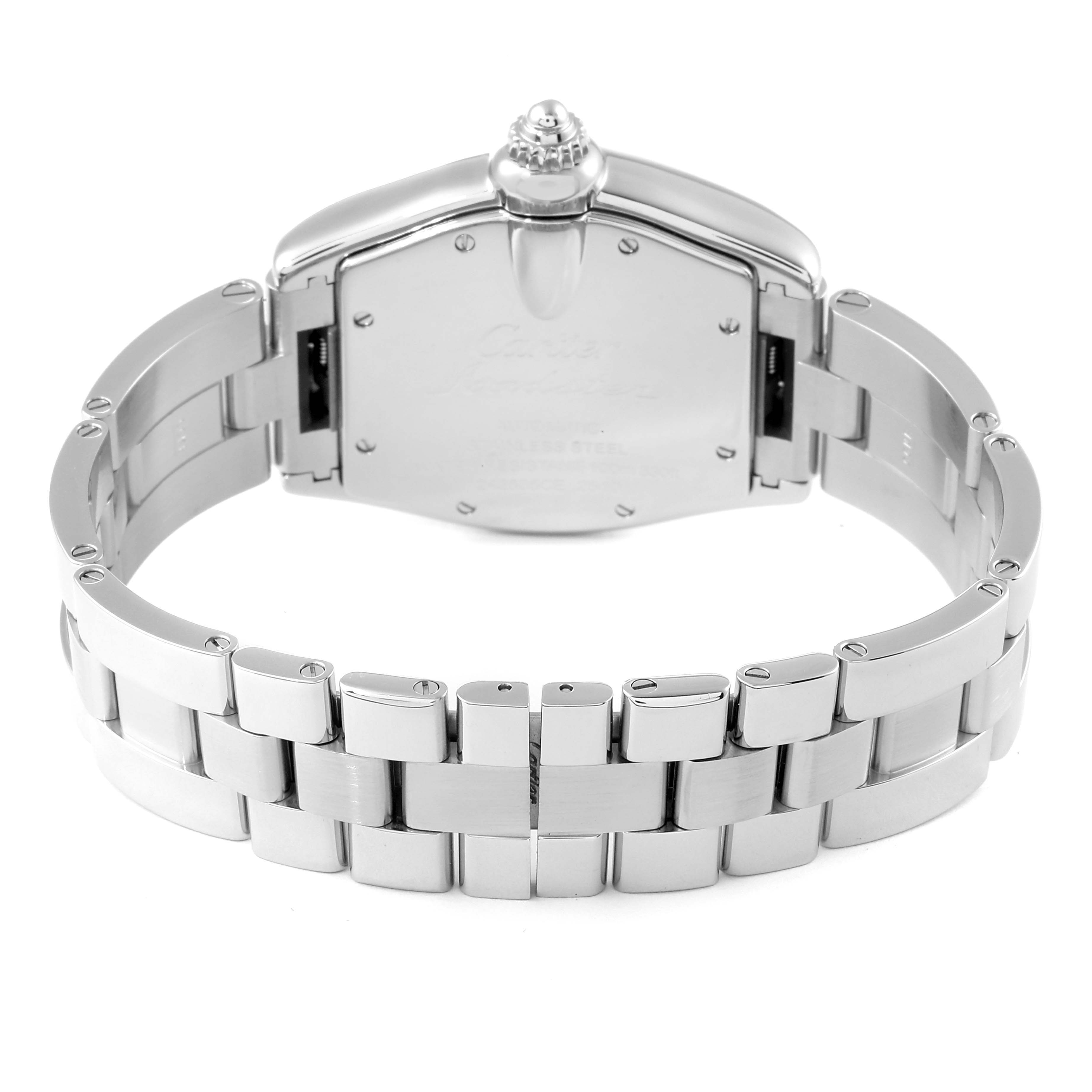 This image shows the back view of the Cartier Roadster W62041V3 Men's Stainless Steel Black Dial W62041V3 Men's Stainless Steel Black Dial watch, focusing on its stainless steel case and bracelet.