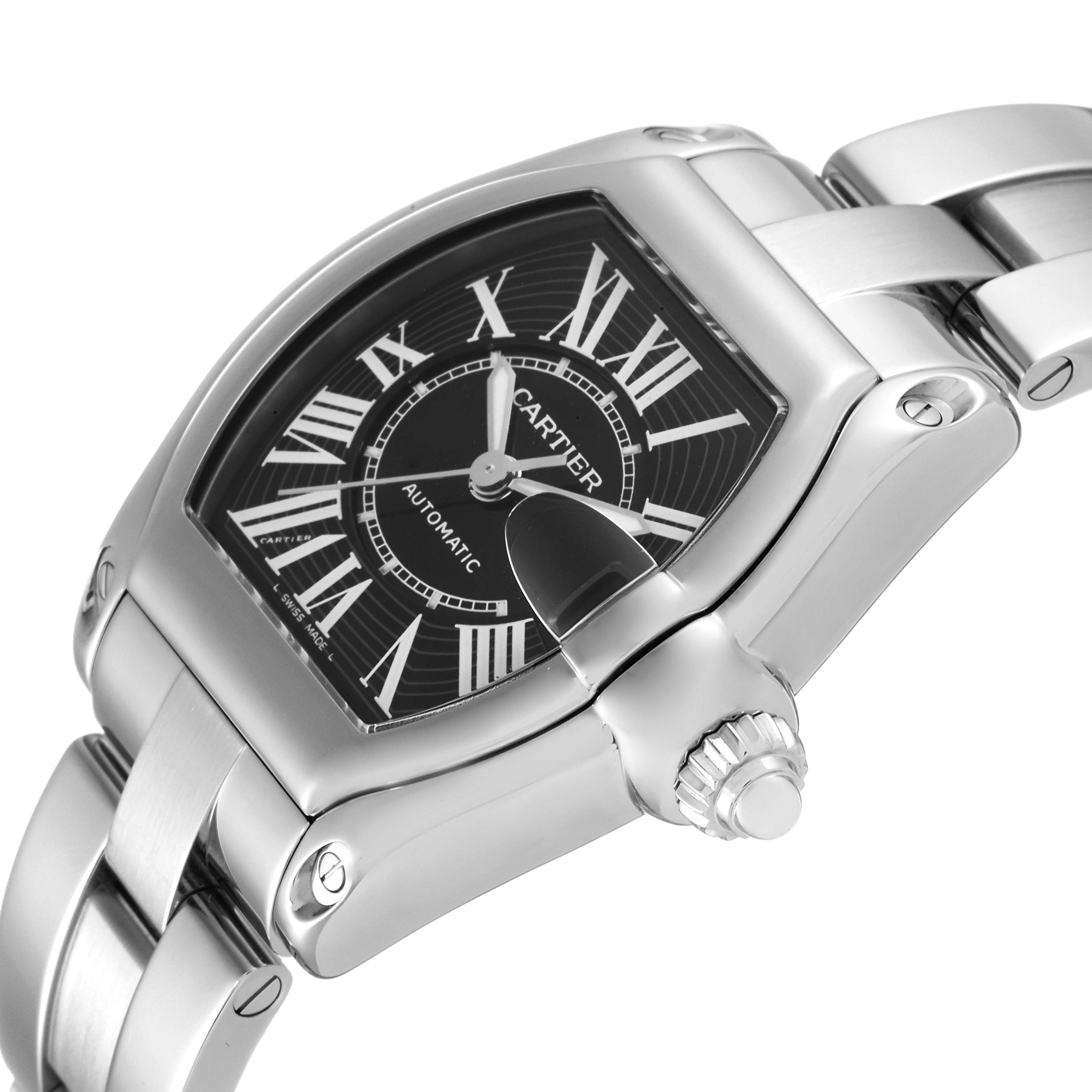 The image shows a close-up of the Cartier Roadster W62041V3 Men's Stainless Steel Black Dial W62041V3 Men's Stainless Steel Black Dial watch at an angled side view, highlighting its face, crown, and part of the bracelet.