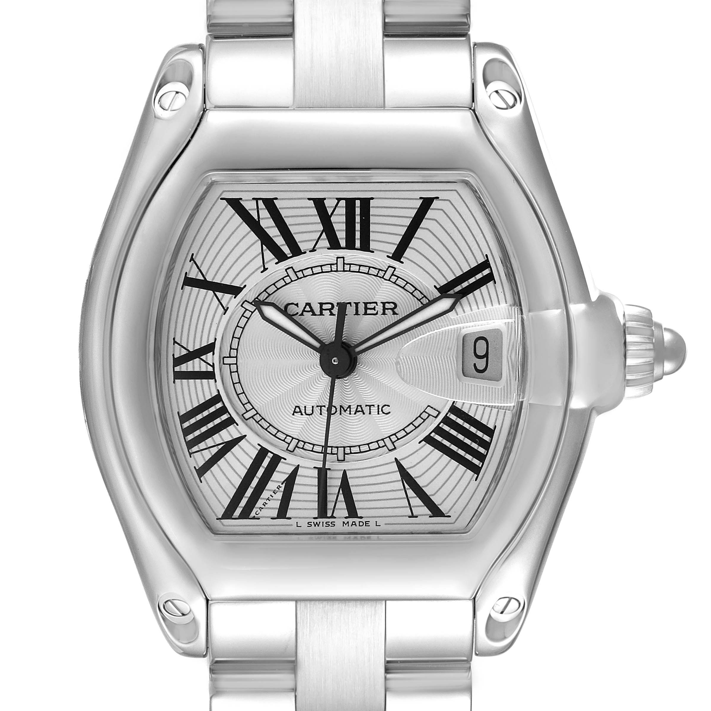 This image shows a front view of the dial and part of the bracelet of the Cartier Roadster W62025V3 Men's Stainless Steel Silver Dial W62025V3 Men's Stainless Steel Silver Dial watch.