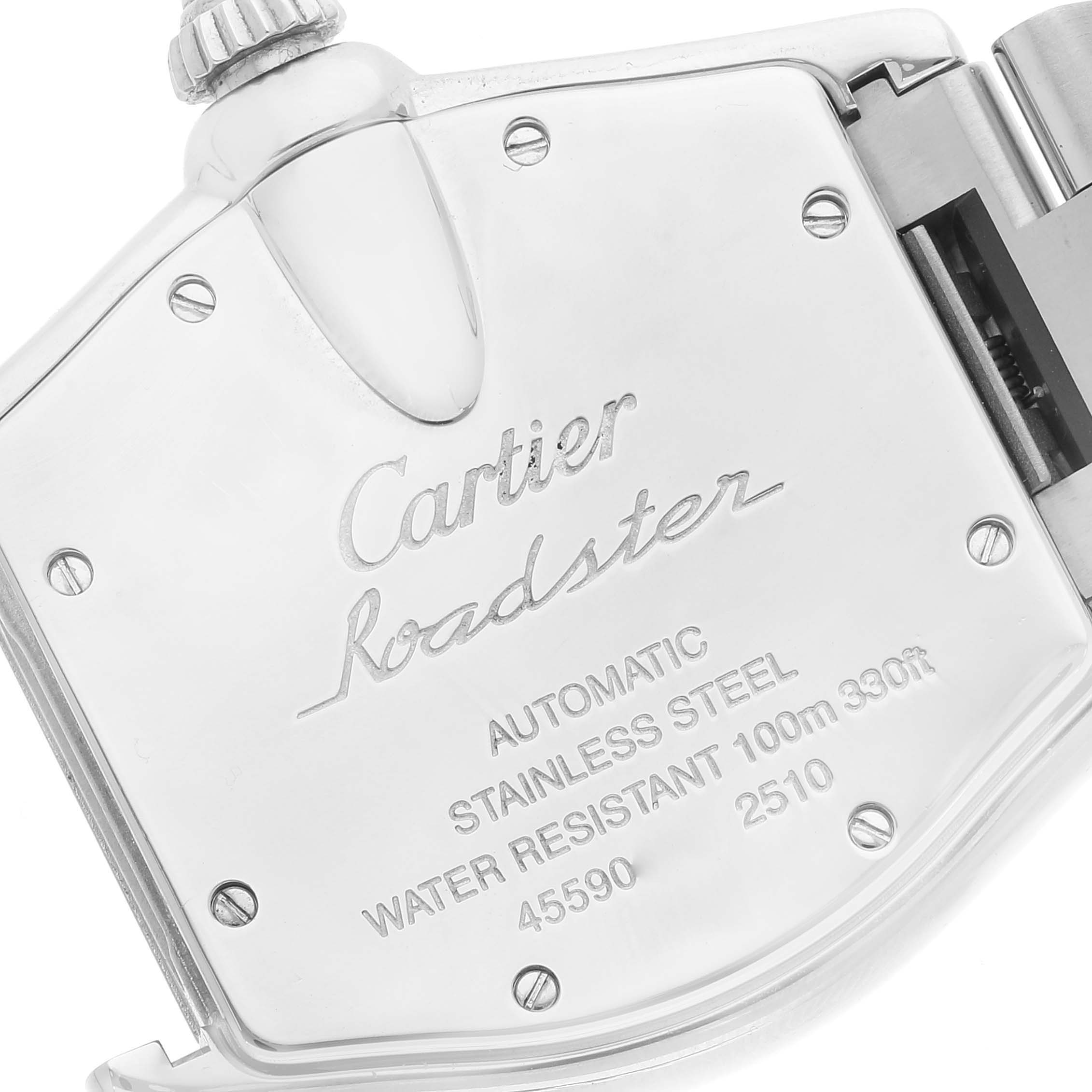This image shows the case back of the Cartier Roadster W62025V3 Men's Stainless Steel Silver Dial W62025V3 Men's Stainless Steel Silver Dial watch, highlighting its inscriptions and crown.