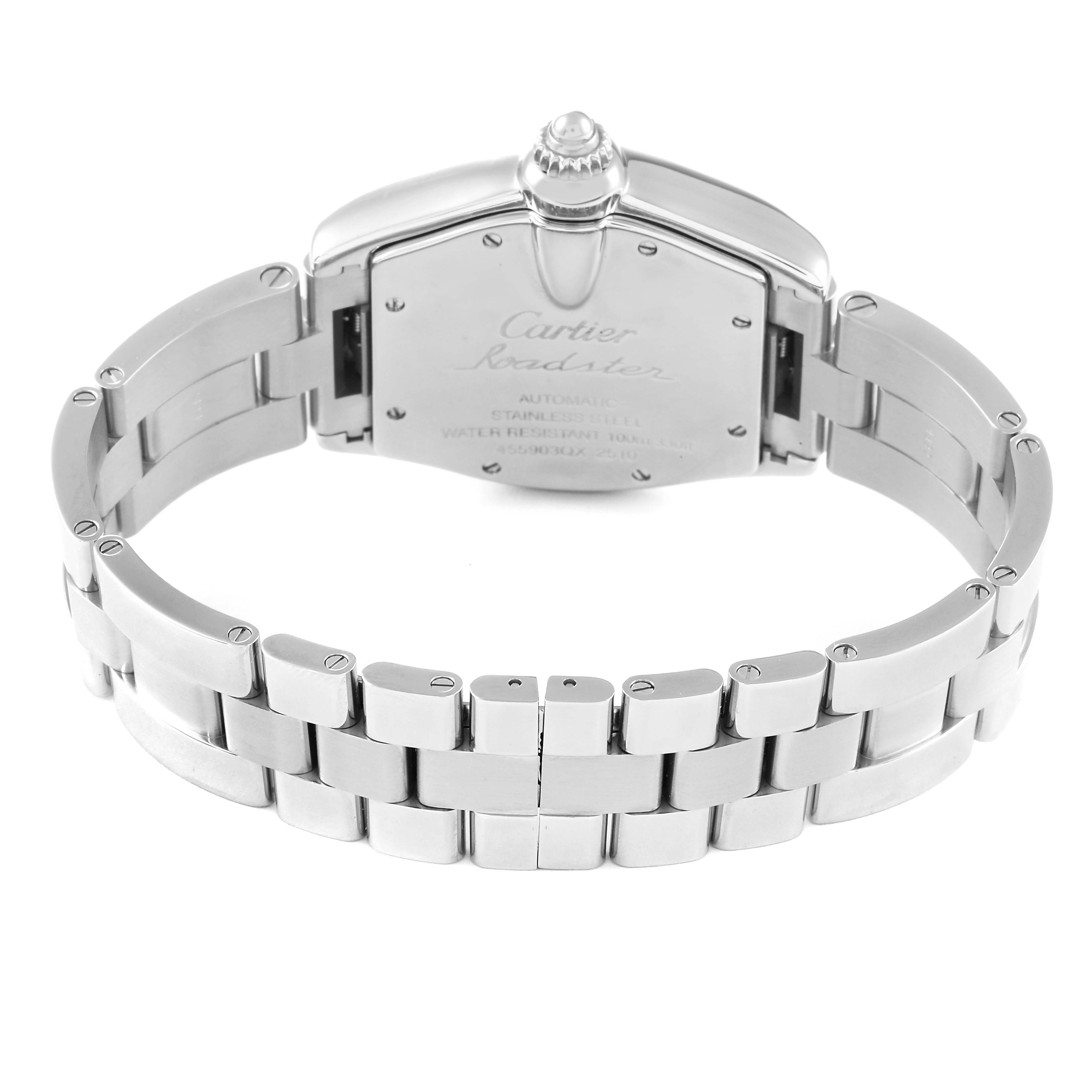 The image shows the back view of a Cartier Roadster W62025V3 Men's Stainless Steel Silver Dial W62025V3 Men's Stainless Steel Silver Dial watch, highlighting the stainless steel bracelet and case back.