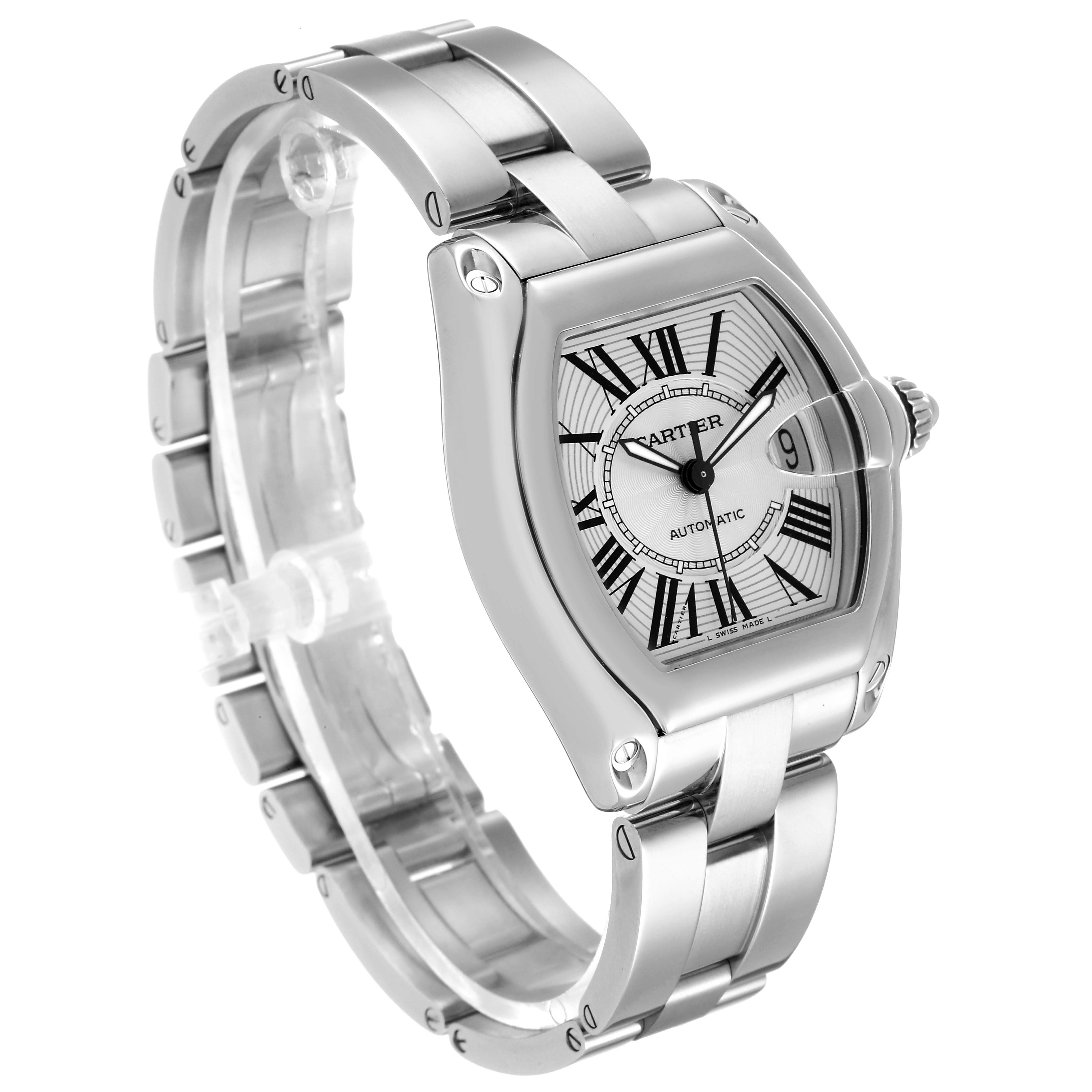 The image shows a Cartier Roadster W62025V3 Men's Stainless Steel Silver Dial W62025V3 Men's Stainless Steel Silver Dial watch at a three-quarter angle, highlighting its case, dial, and bracelet.