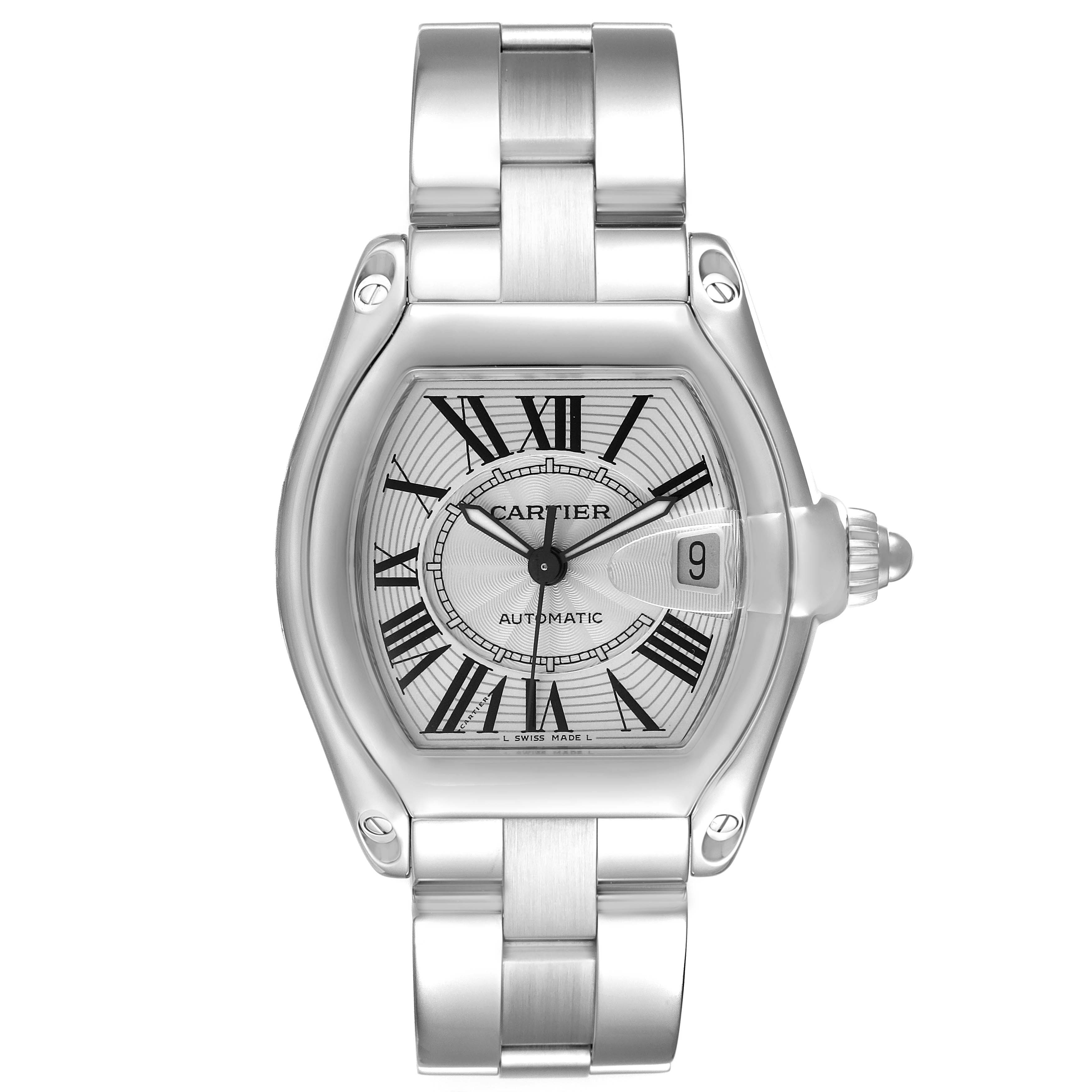 The image shows a Cartier Roadster W62025V3 Men's Stainless Steel Silver Dial W62025V3 Men's Stainless Steel Silver Dial watch from a front angle, displaying the face, bezel, bracelet, and date window.