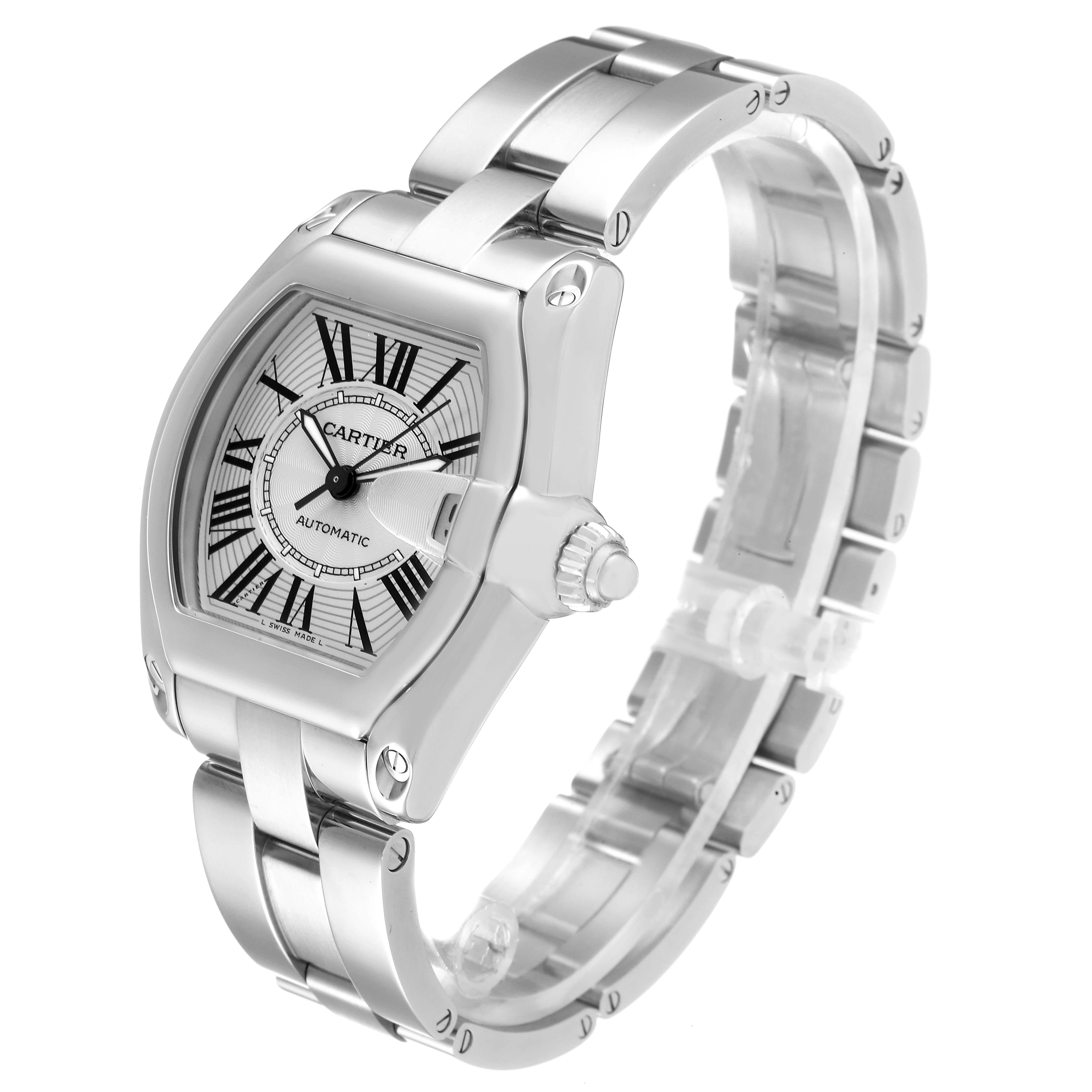 This image shows a Cartier Roadster W62025V3 Men's Stainless Steel Silver Dial W62025V3 Men's Stainless Steel Silver Dial watch at an angle highlighting its face, bezel, and metal bracelet.