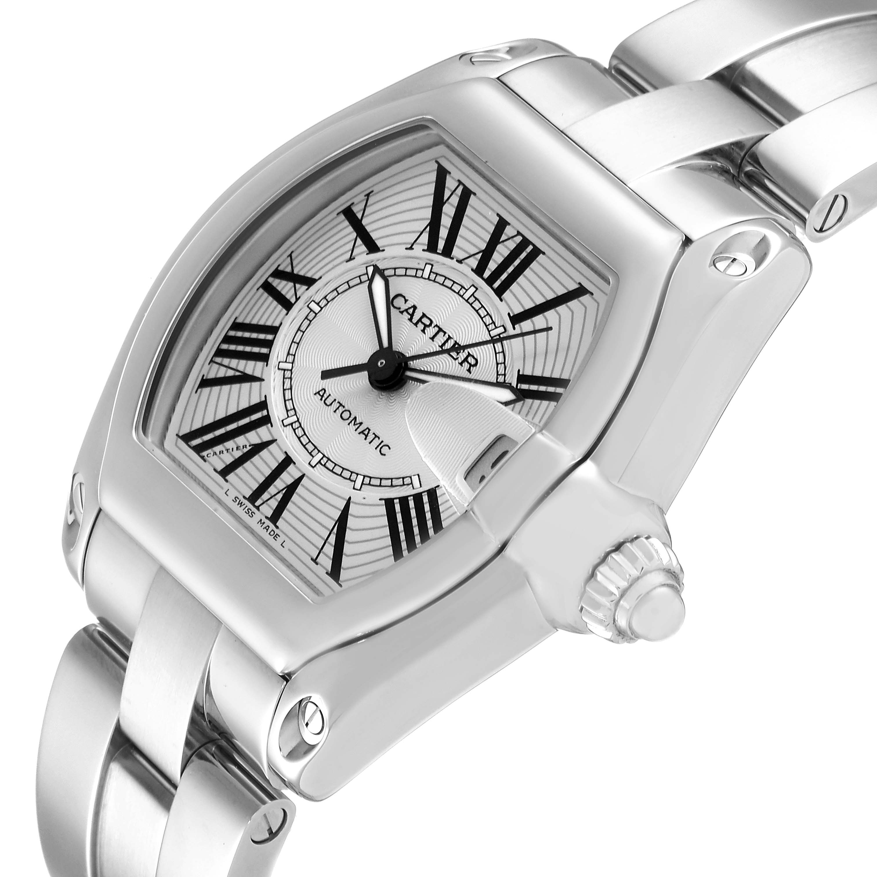 The image shows a close-up angle of a Cartier Roadster W62025V3 Men's Stainless Steel Silver Dial W62025V3 Men's Stainless Steel Silver Dial watch, featuring its dial, case, crown, and part of the bracelet.