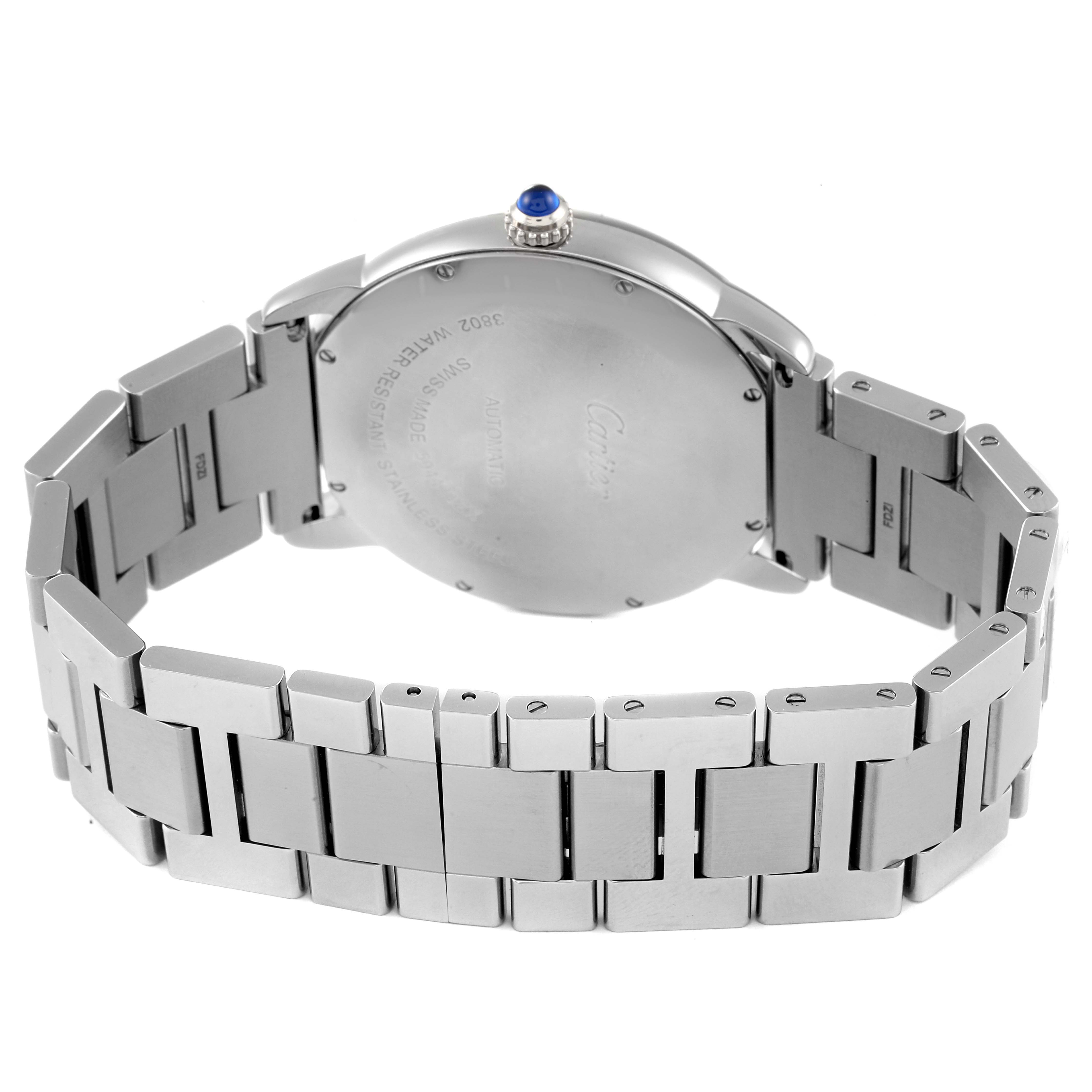 This image shows the case back and metal bracelet of the Cartier Ronde W6701011 Men's Stainless Steel Silver Dial W6701011 Men's Stainless Steel Silver Dial watch from a rear angle.