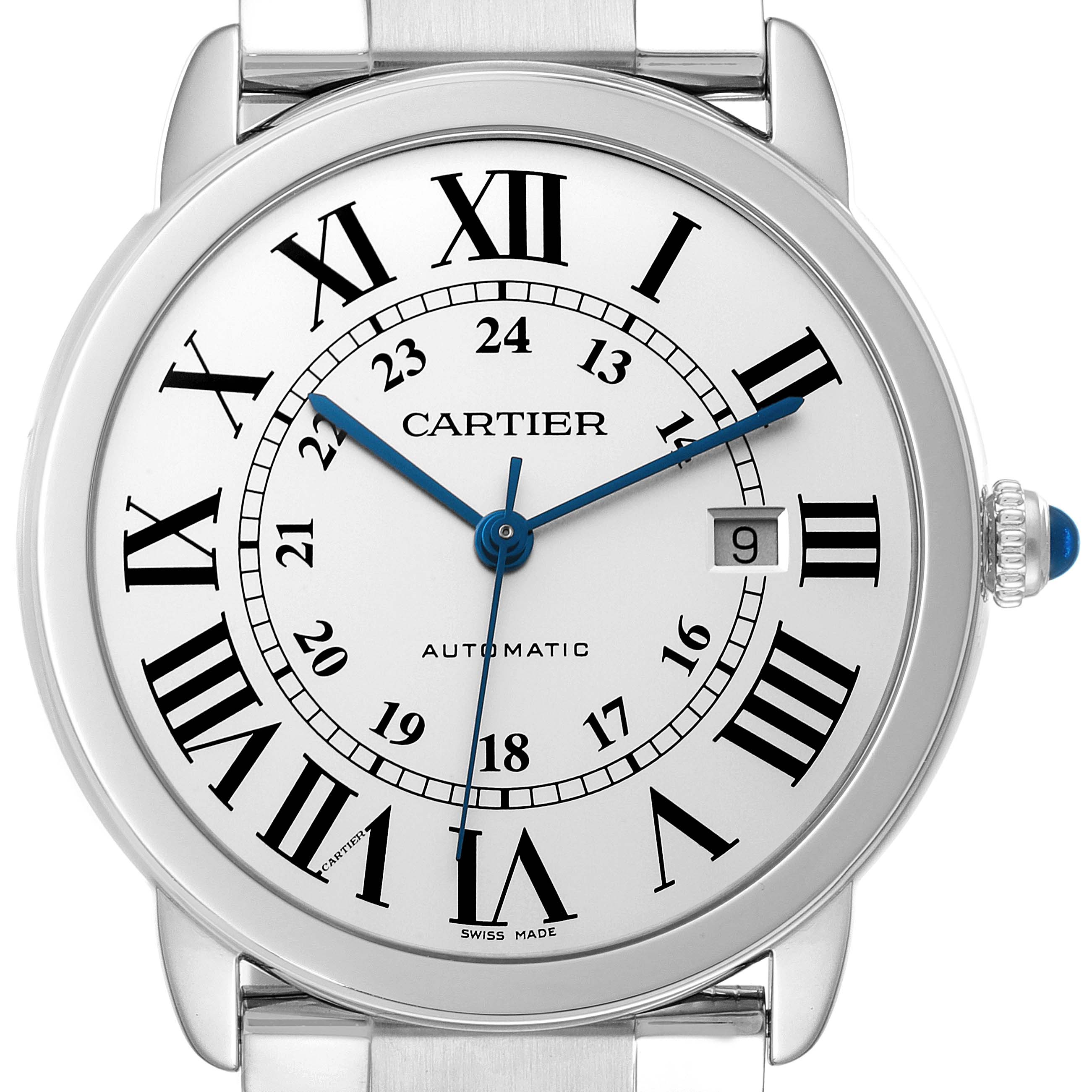 This image shows a close-up of the face of the Cartier Ronde W6701011 Men's Stainless Steel Silver Dial W6701011 Men's Stainless Steel Silver Dial watch, displaying Roman numerals, a date window, and blue hands.