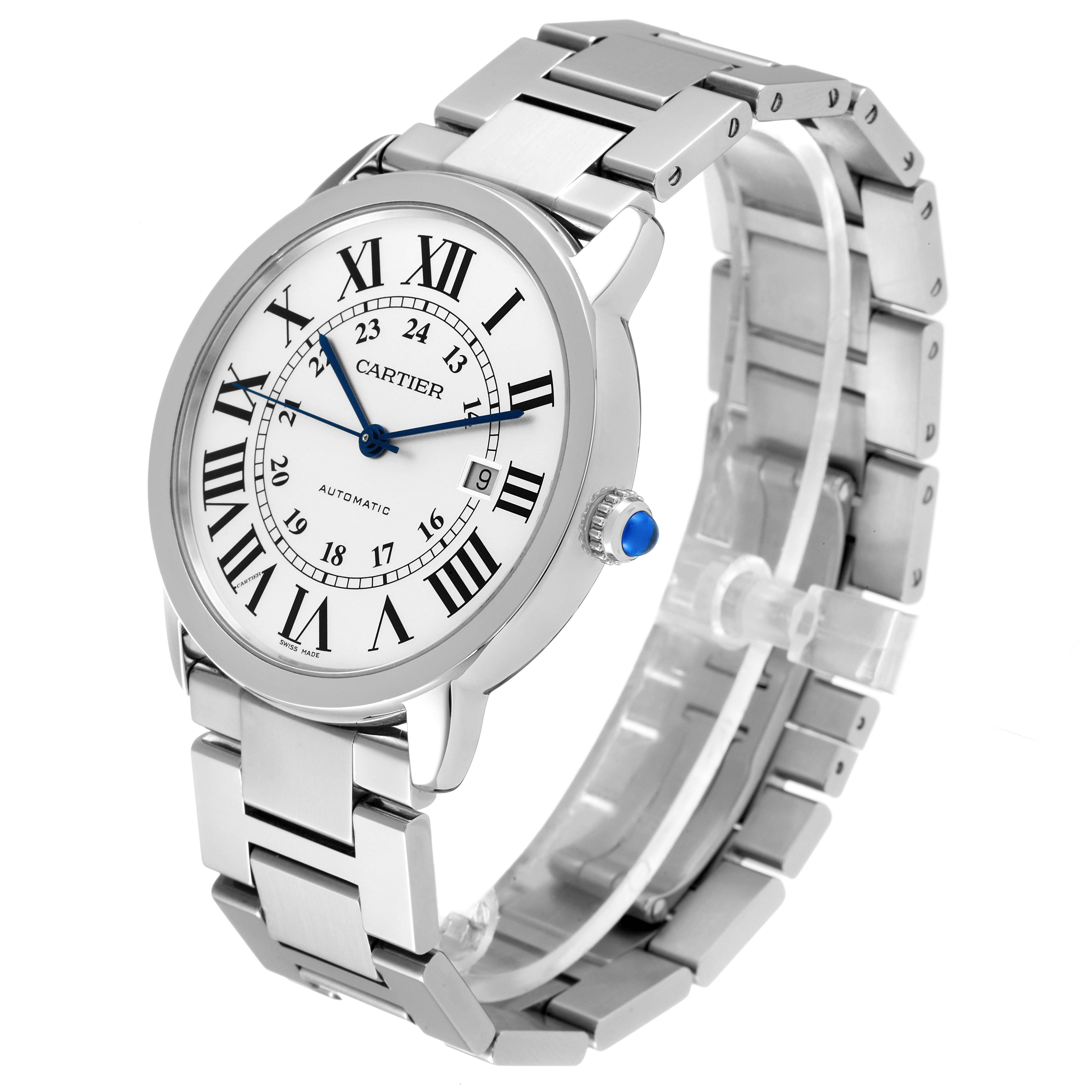 This image shows a Cartier Ronde W6701011 Men's Stainless Steel Silver Dial W6701011 Men's Stainless Steel Silver Dial watch at a three-quarter angle, displaying the face, crown, and metal bracelet.