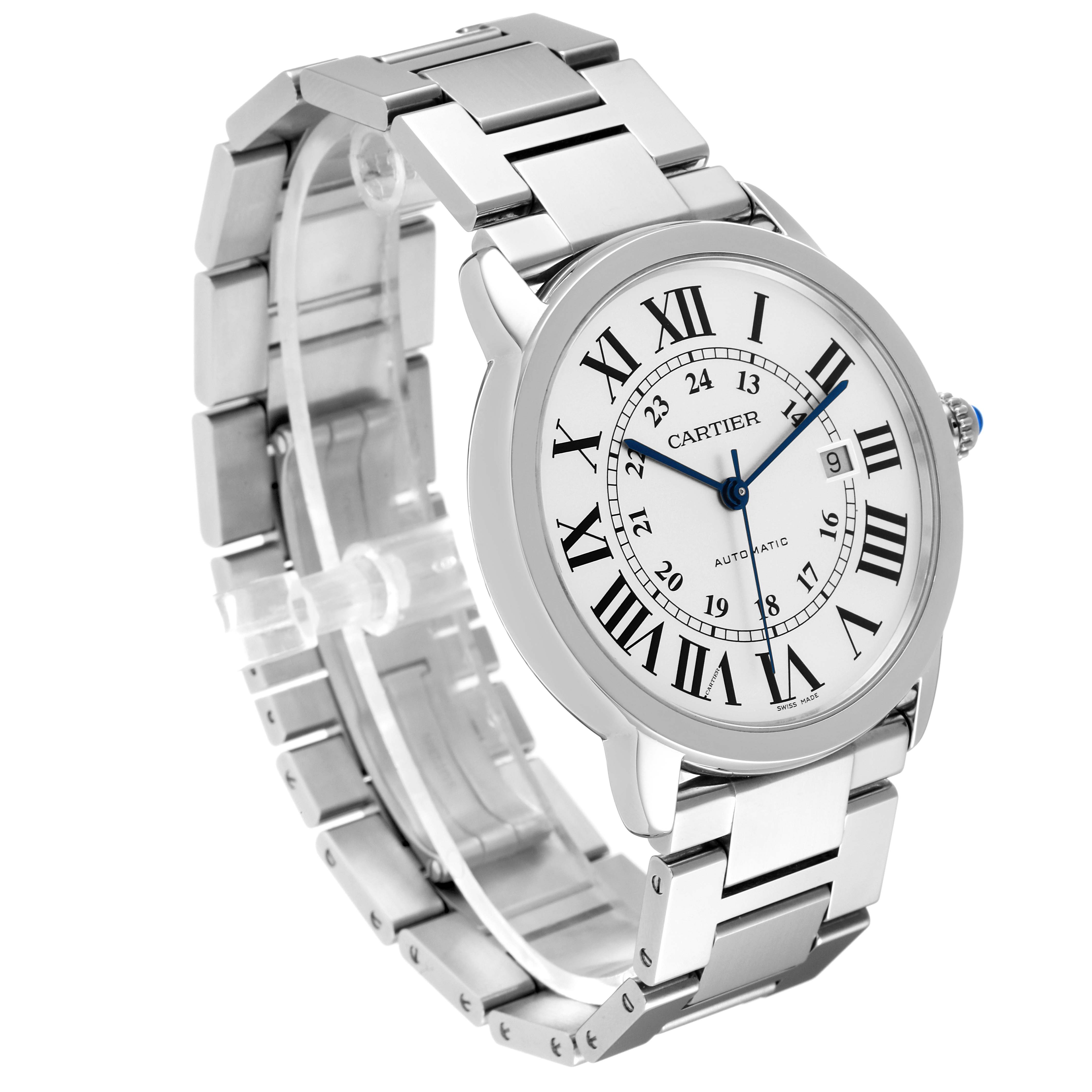 The Cartier Ronde W6701011 Men's Stainless Steel Silver Dial W6701011 Men's Stainless Steel Silver Dial watch is shown at an oblique angle, displaying its bracelet, dial, and clasp.