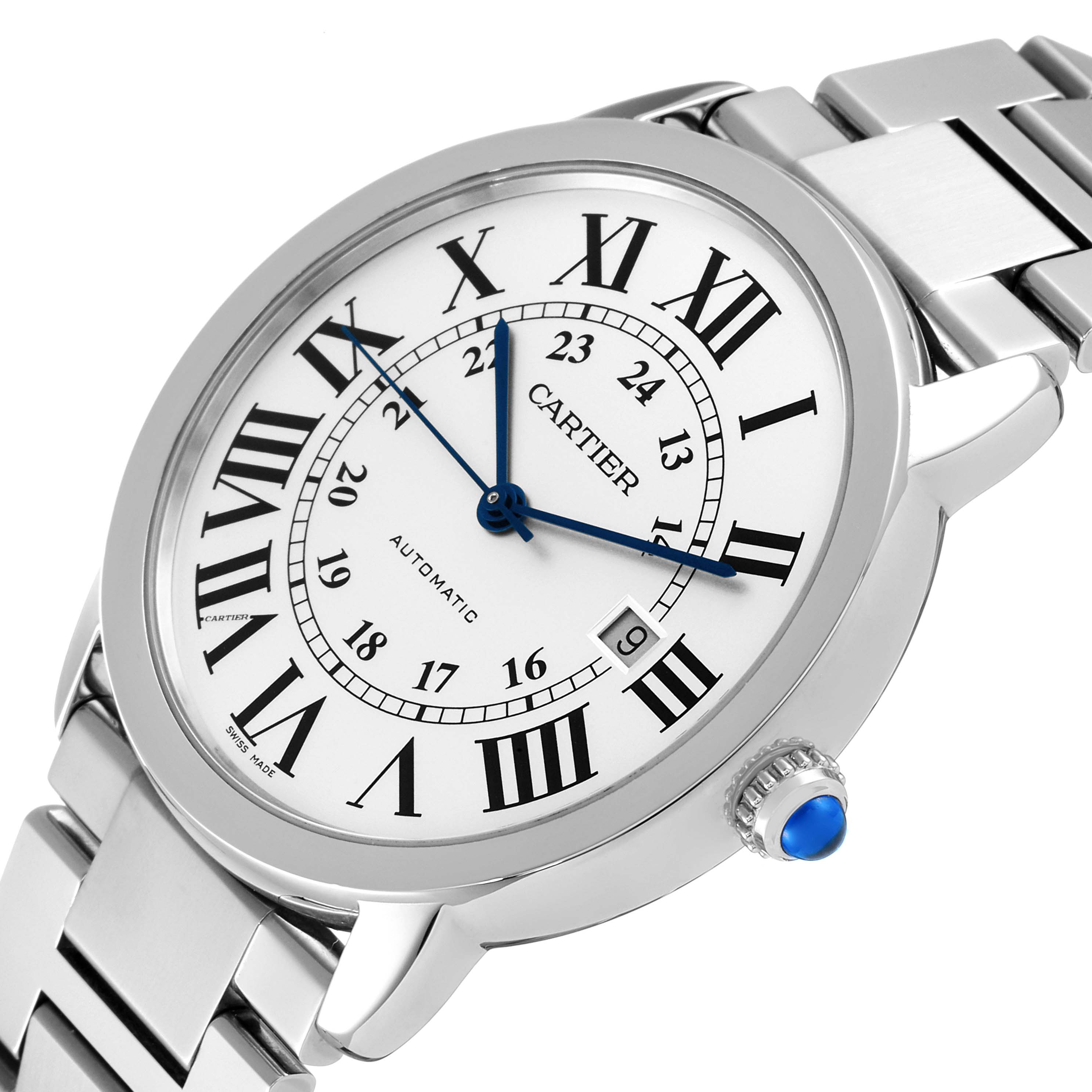 The Cartier Ronde W6701011 Men's Stainless Steel Silver Dial W6701011 Men's Stainless Steel Silver Dial watch is shown from an angled top view, highlighting its dial, bezel, crown, and stainless steel bracelet.