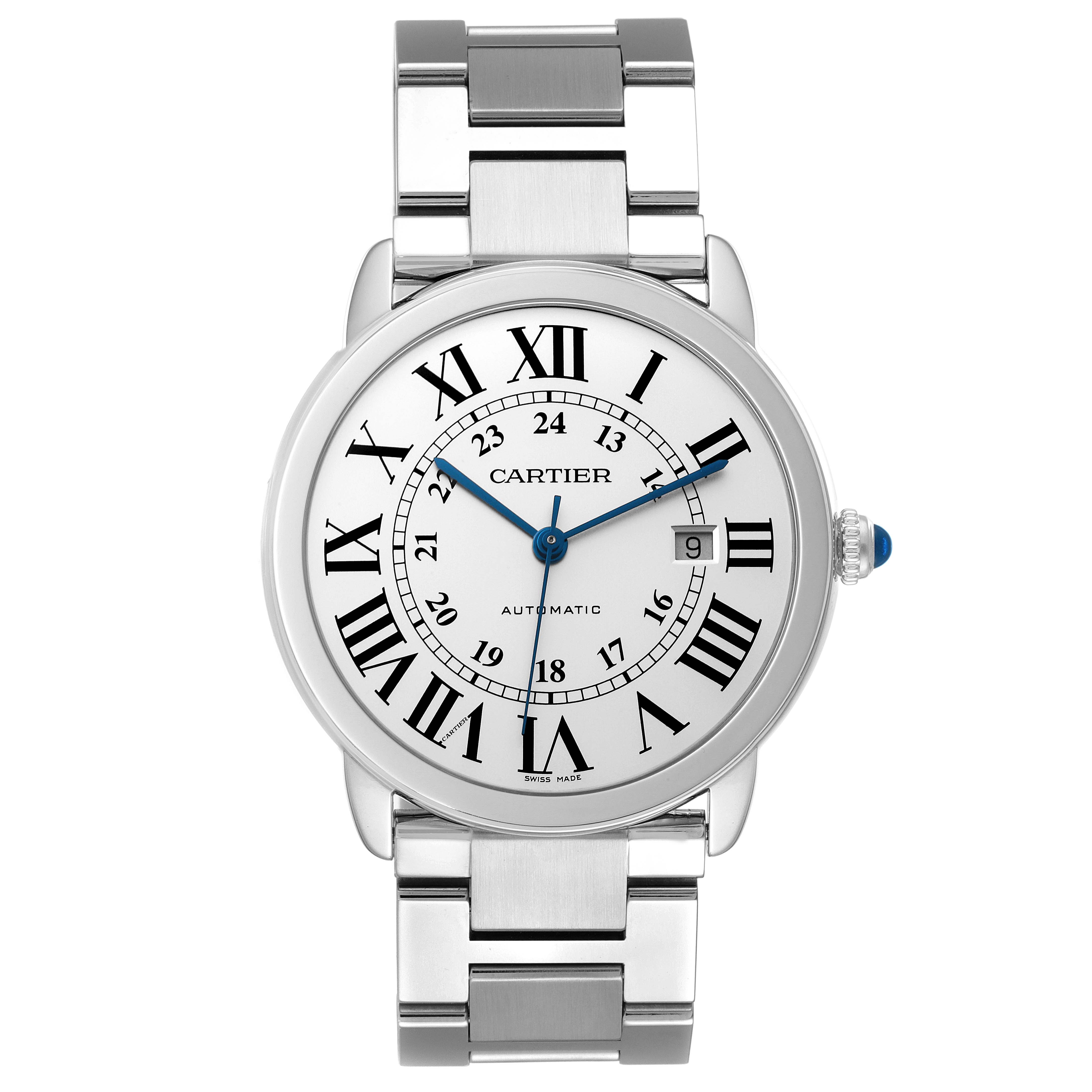 This image shows a Cartier Ronde W6701011 Men's Stainless Steel Silver Dial W6701011 Men's Stainless Steel Silver Dial model watch from a front angle, displaying the dial, hands, and part of the metal bracelet.