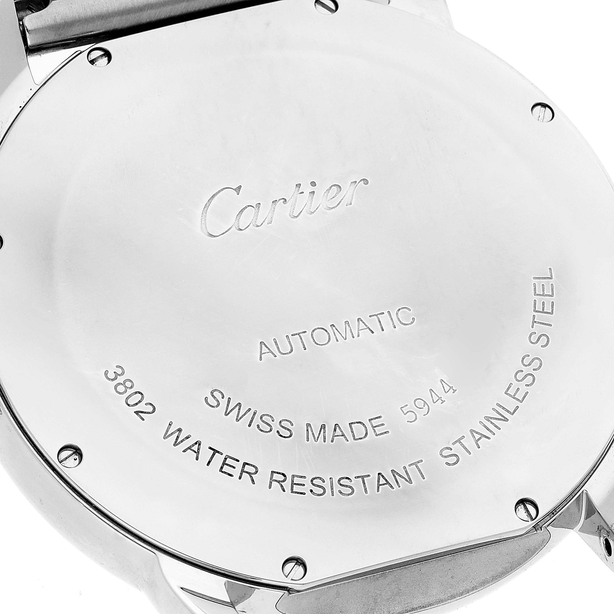 This image shows the back case of the Cartier Ronde W6701011 Men's Stainless Steel Silver Dial W6701011 Men's Stainless Steel Silver Dial model watch with engraved details and screws.