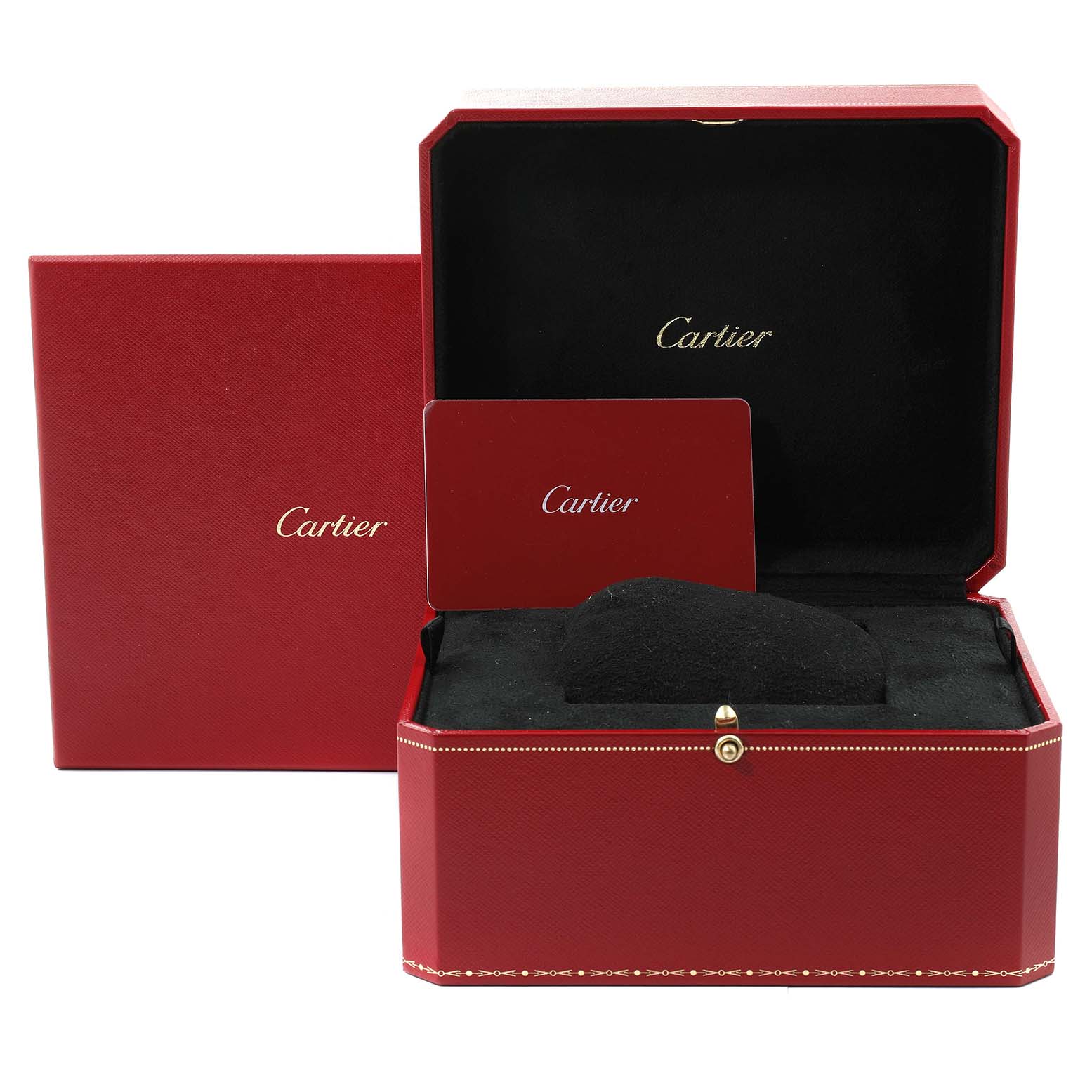 This image shows the packaging and accessories of a Cartier Ronde W6701011 Men's Stainless Steel Silver Dial W6701011 Men's Stainless Steel Silver Dial watch, including a red box and a booklet.