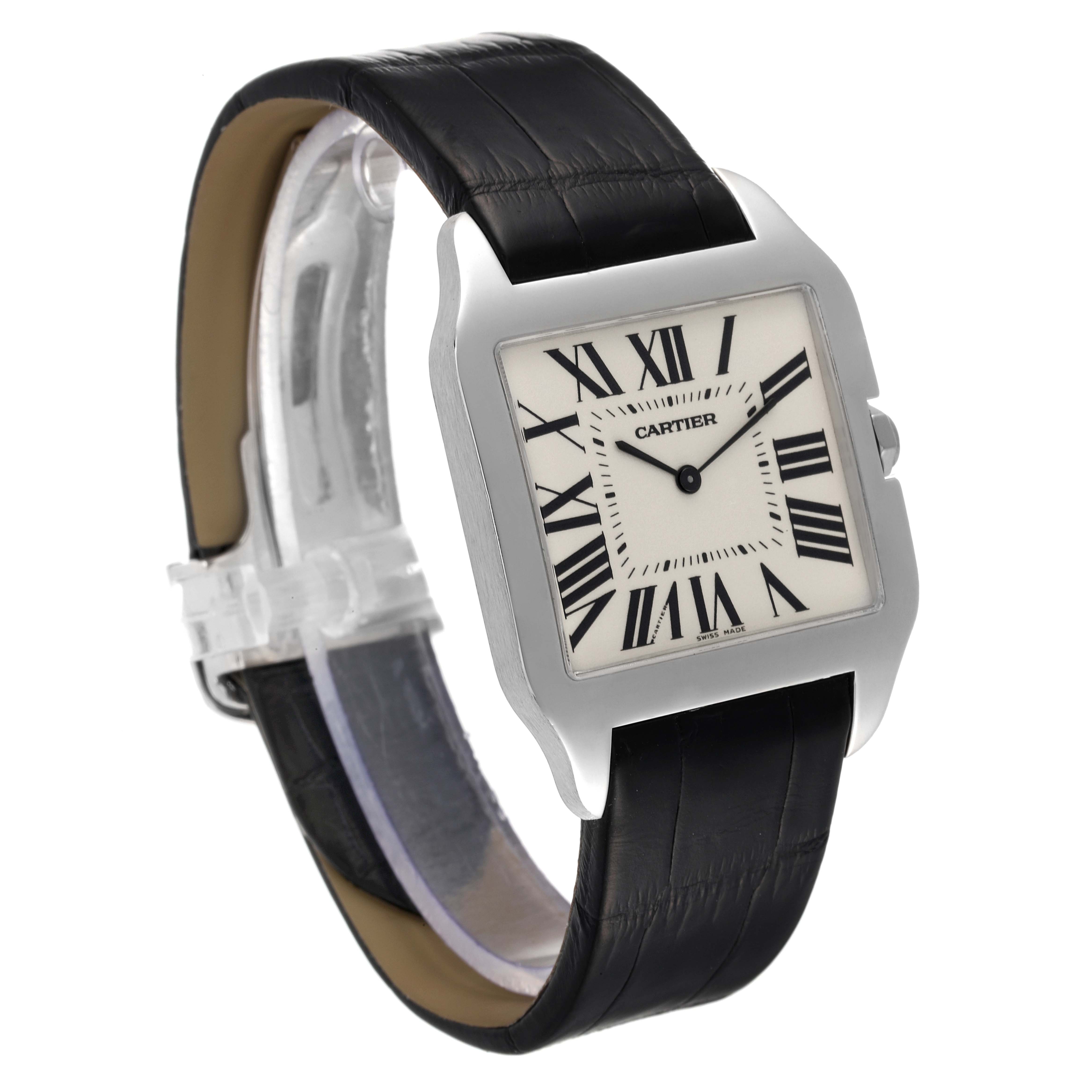 The image shows a Santos Dumont Cartier watch at a slight angle, with a black leather strap and rectangular dial displaying Roman numerals.