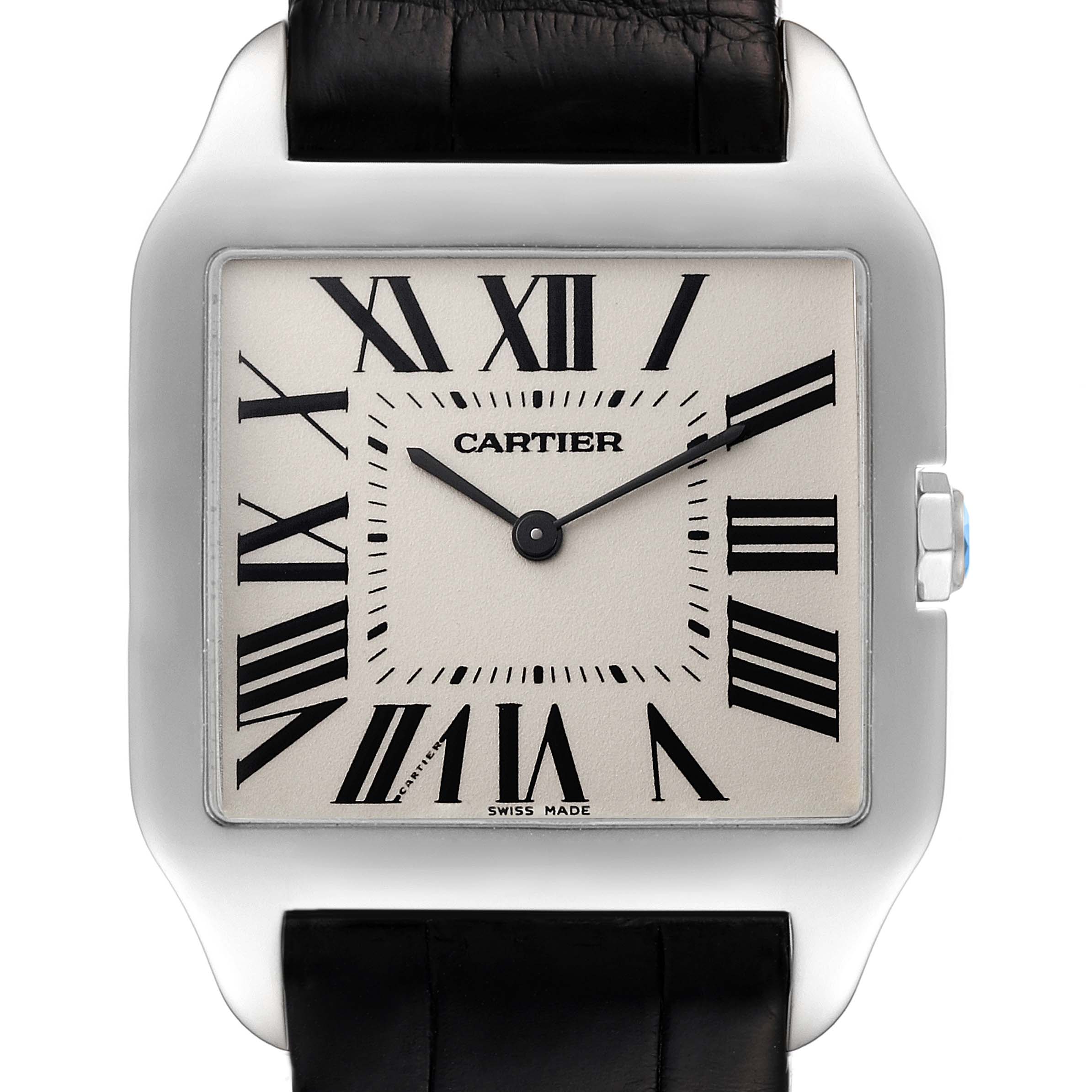 The image shows a front-facing view of the Cartier Santos Dumont W2007051 Men's White Gold Silver Dial W2007051 Men's White Gold Silver Dial watch, highlighting its square dial with Roman numerals and black strap.