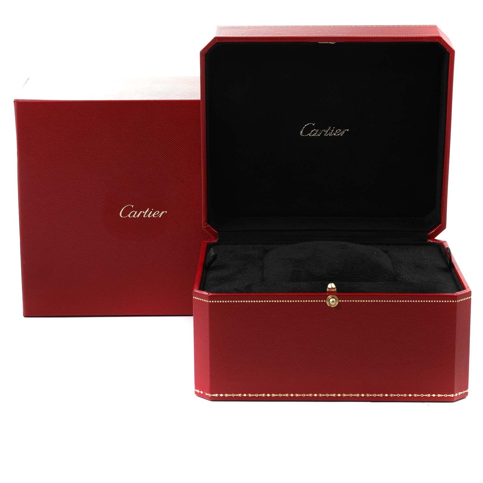 The image shows a red Cartier Santos Dumont W2007051 Men's White Gold Silver Dial W2007051 Men's White Gold Silver Dial watch box, opened to reveal its black interior.