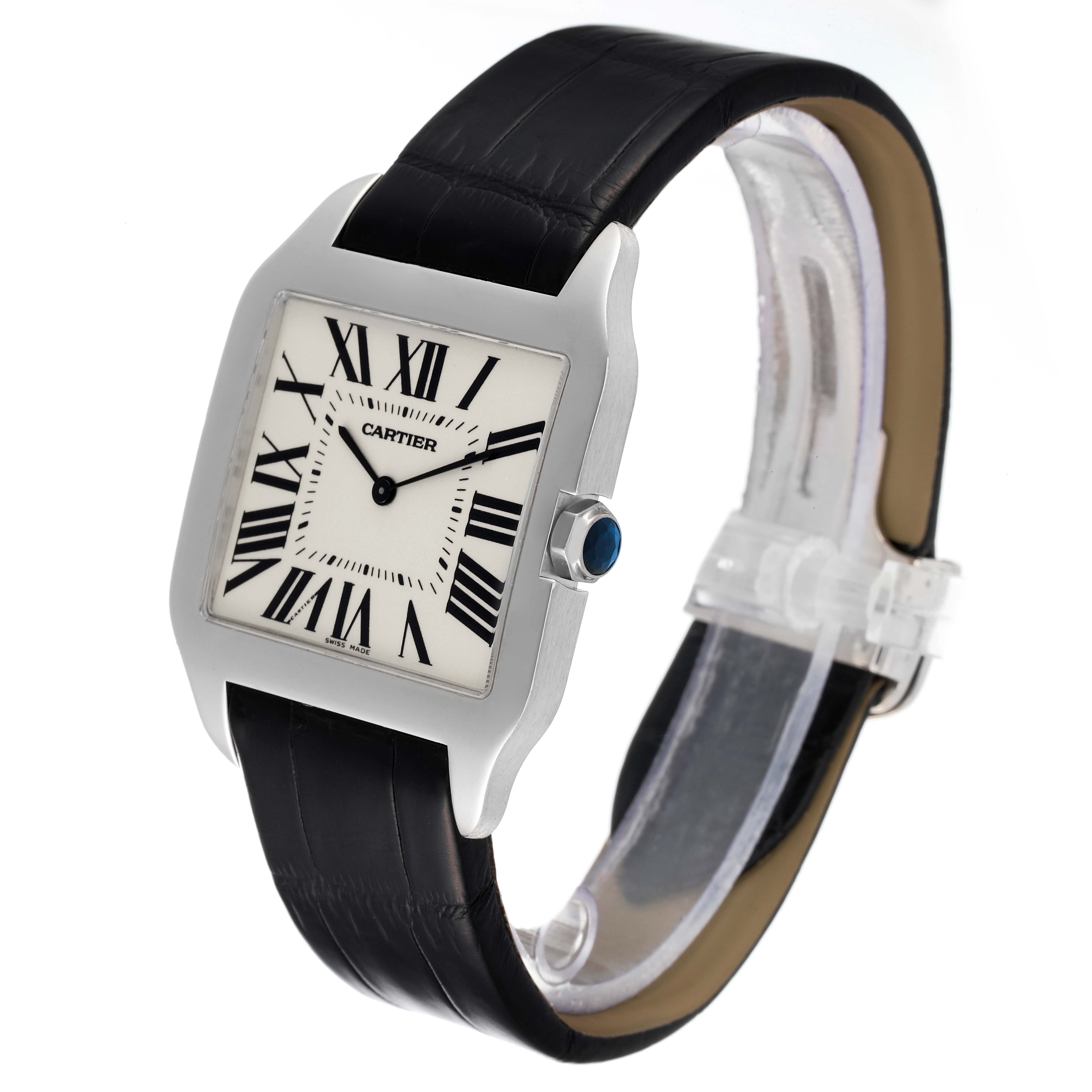 The image shows a Cartier Santos Dumont W2007051 Men's White Gold Silver Dial W2007051 Men's White Gold Silver Dial watch at an angled view, displaying its square face, Roman numerals, and black leather strap.