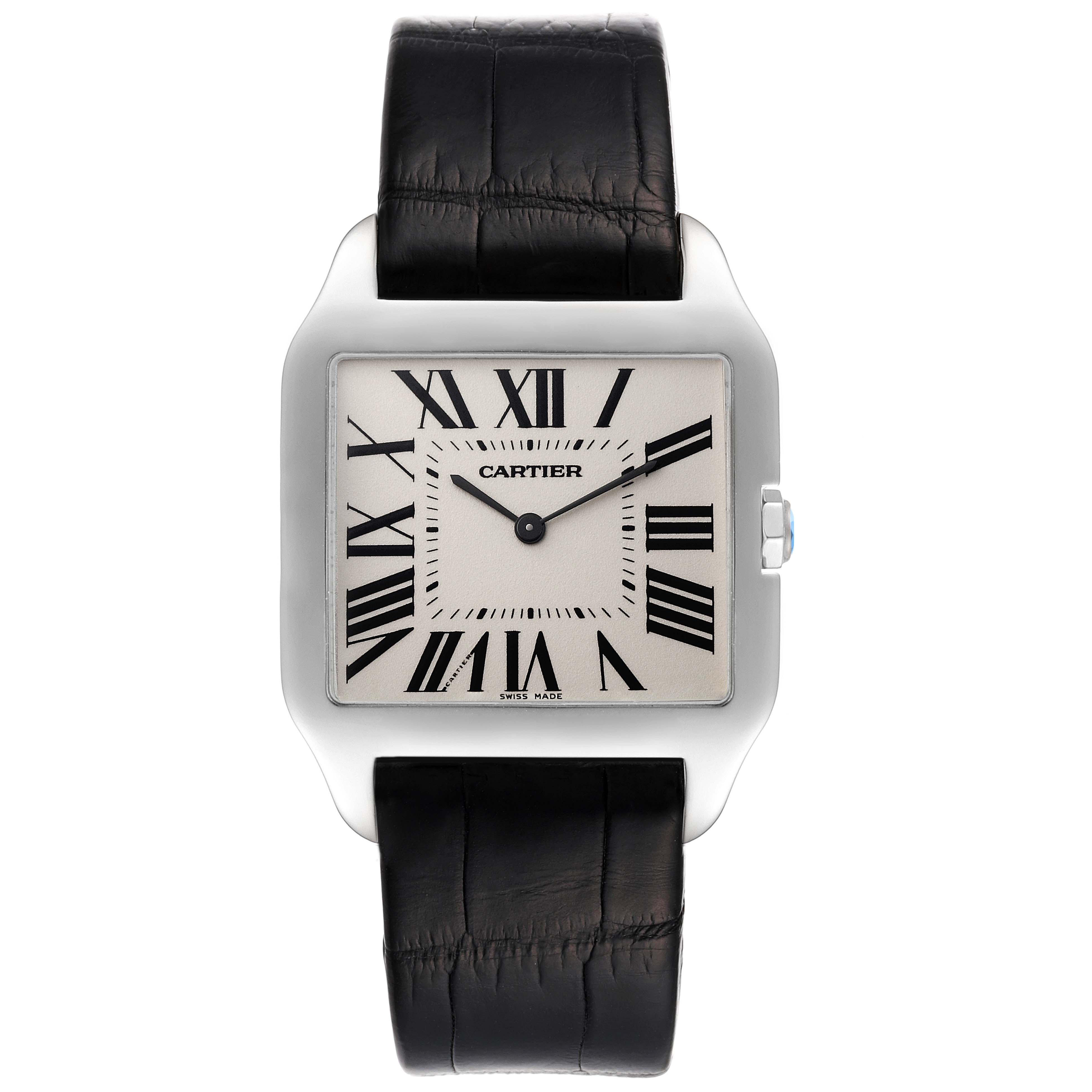 The image shows a front view of a Cartier Santos Dumont W2007051 Men's White Gold Silver Dial W2007051 Men's White Gold Silver Dial watch, displaying its face, case, and leather strap.