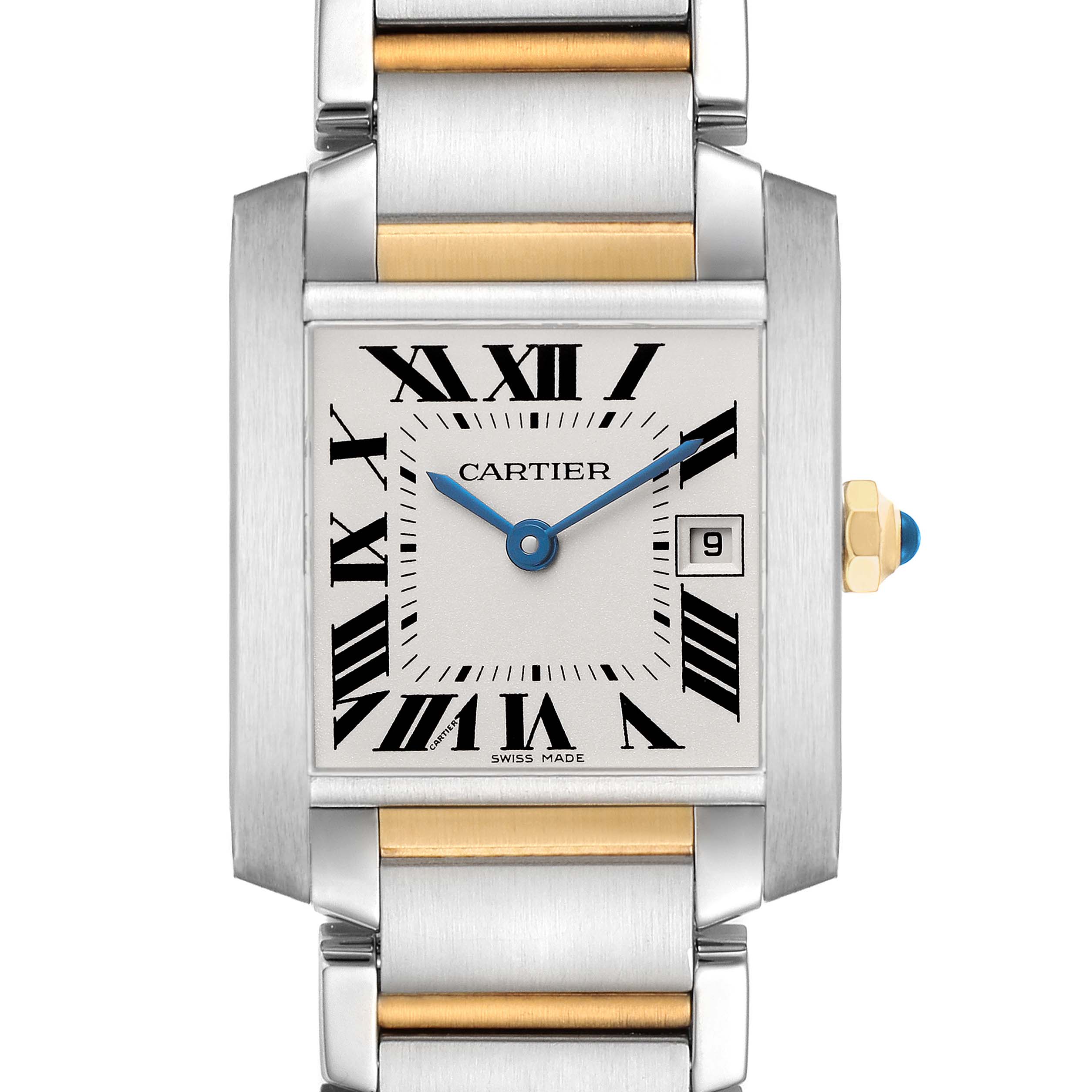 The Cartier Tank Francaise W51012Q4 Women's Steel and Gold (two tone) Silver Dial watch is shown from a front angle, highlighting its face, bracelet, and crown.