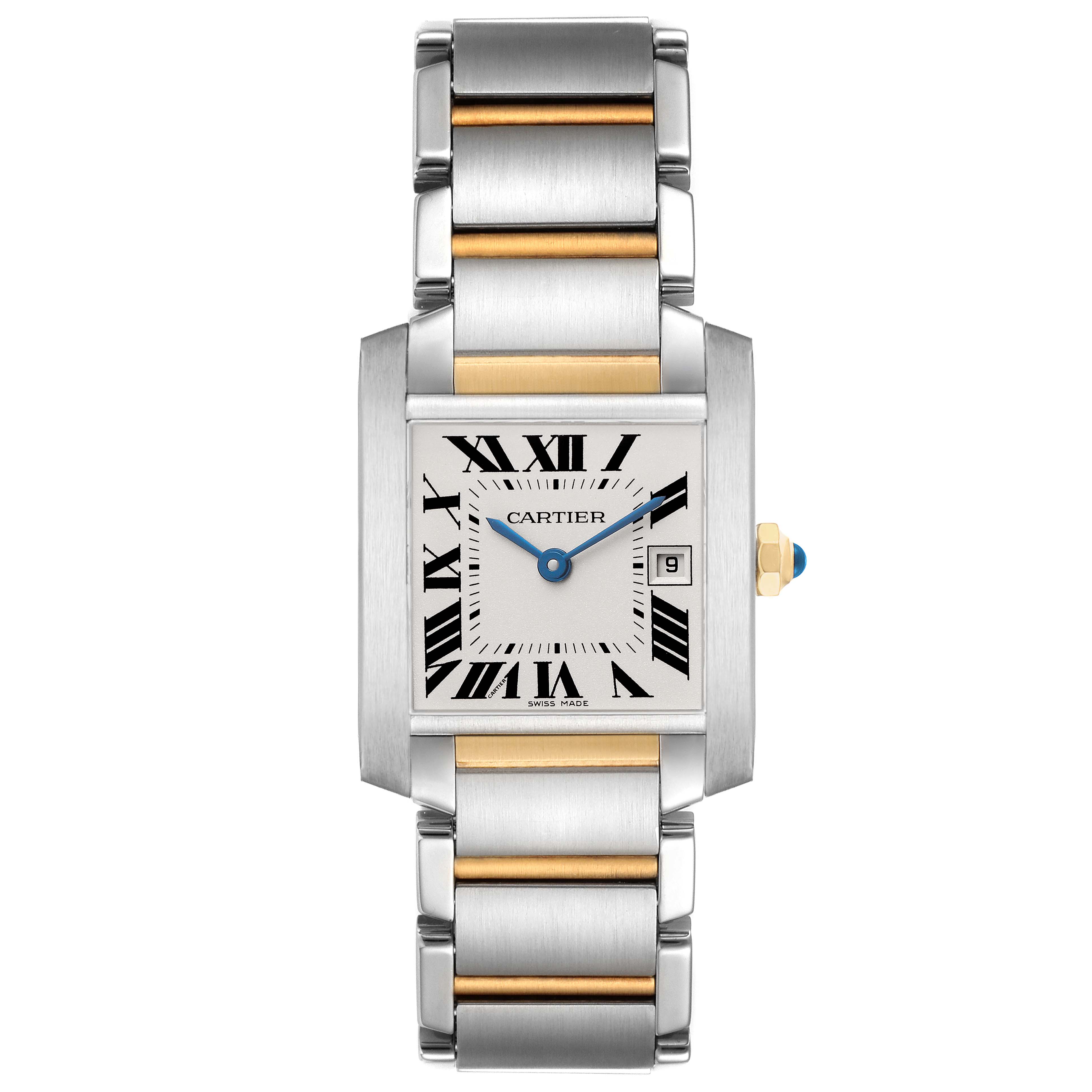 The Cartier Tank Francaise W51012Q4 Women's Steel and Gold (two tone) Silver Dial watch is shown from the front, displaying the face, bracelet, and crown.