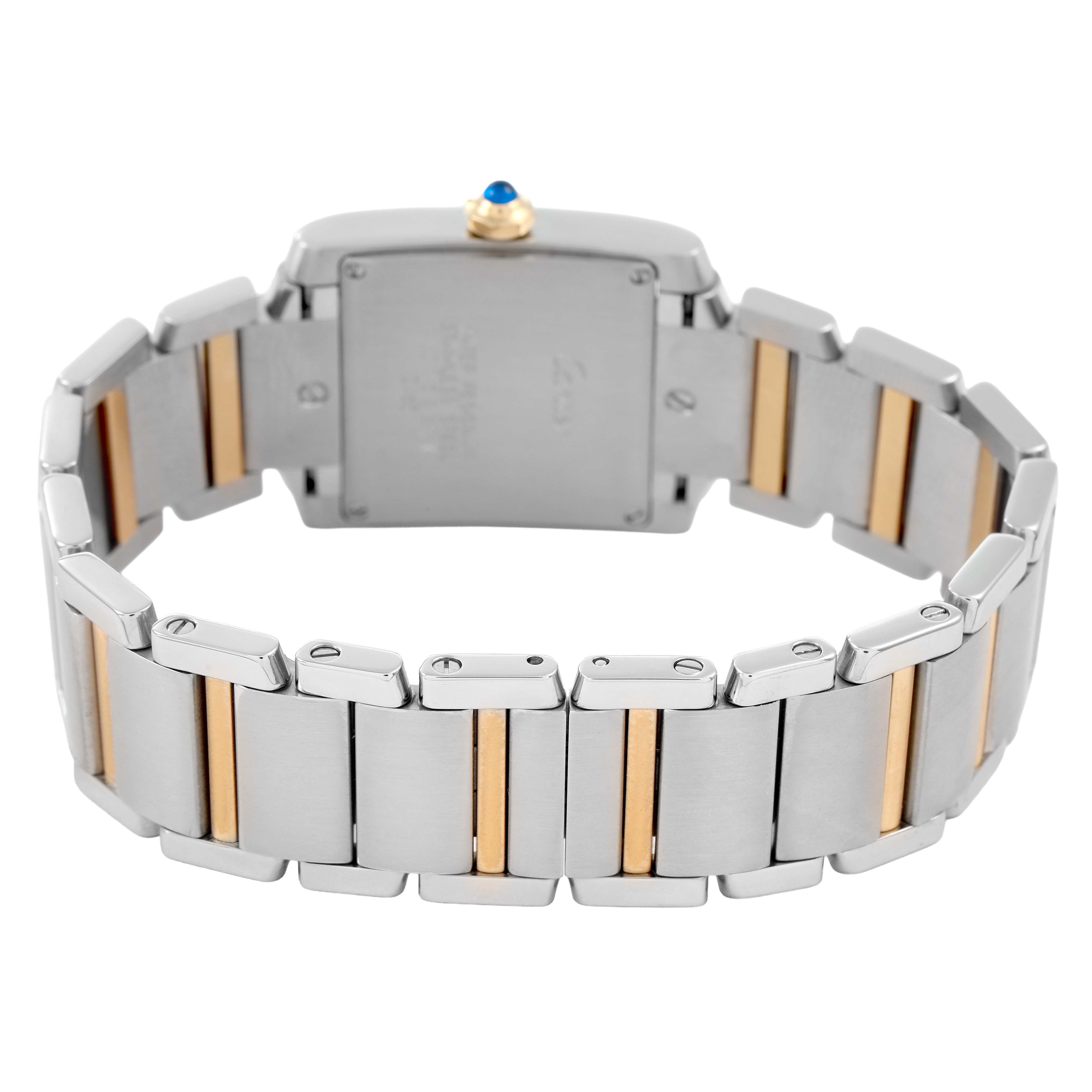 The Cartier Tank Francaise W51012Q4 Women's Steel and Gold (two tone) Silver Dial watch is shown from the rear, highlighting its two-tone metal bracelet and case back.