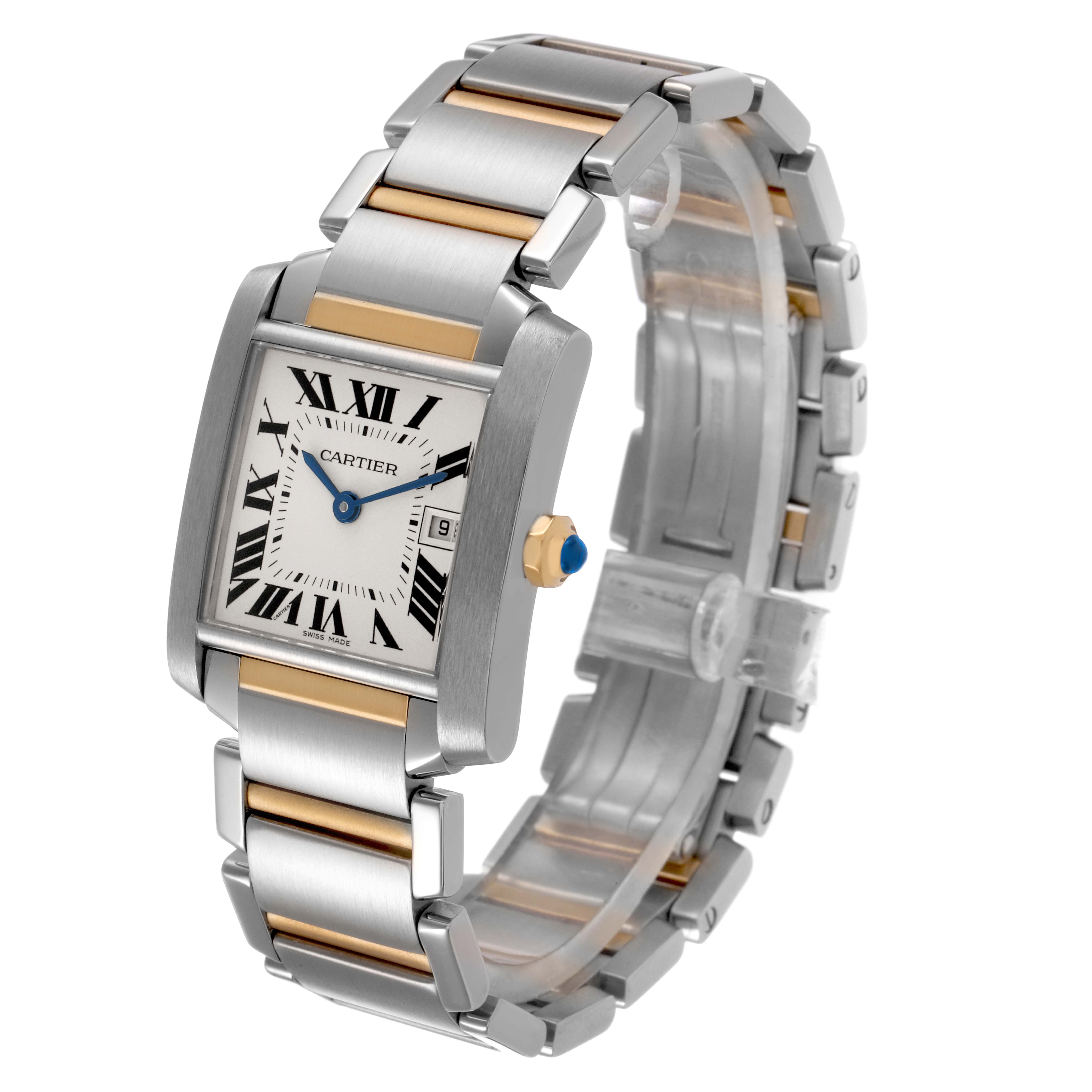 The Cartier Tank Française watch is shown at a three-quarter angle, highlighting its face, crown, and two-tone bracelet.