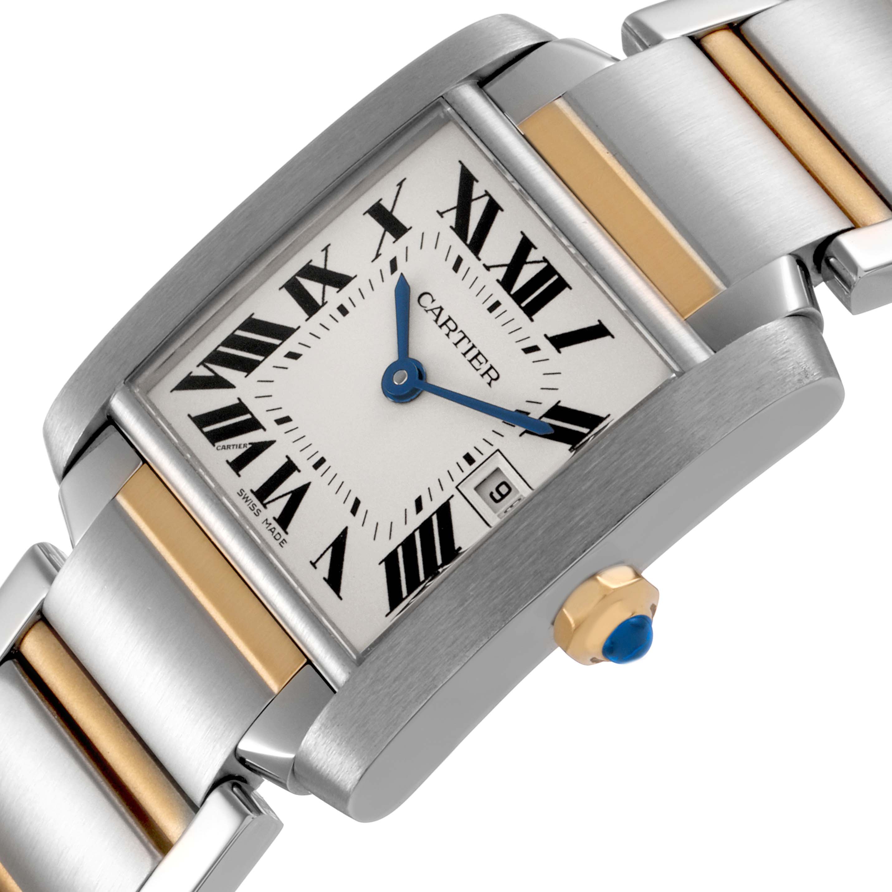 The Cartier Tank Francaise W51012Q4 Women's Steel and Gold (two tone) Silver Dial watch is shown at an angle displaying the dial, bezel, and part of the two-tone bracelet.