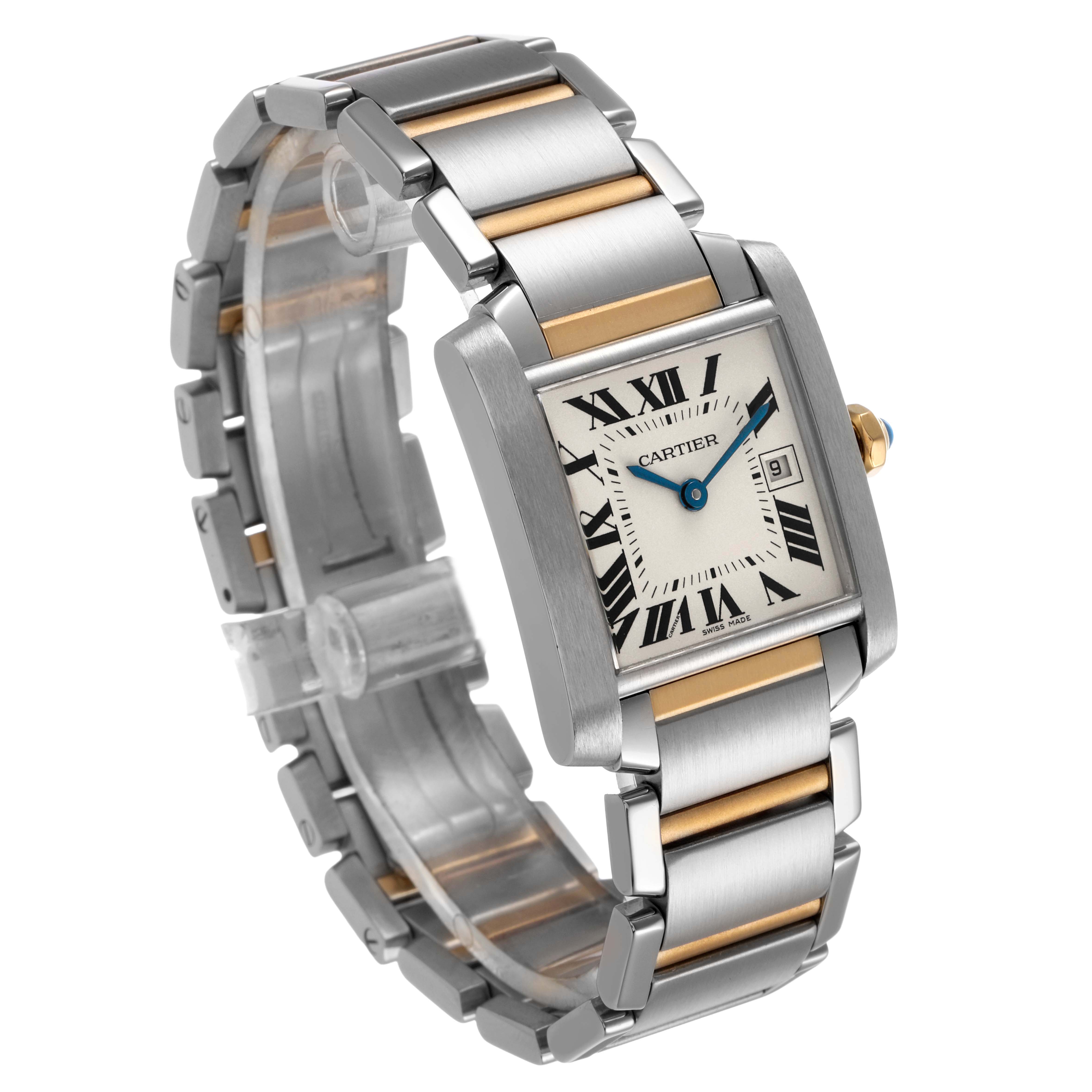 The Cartier Tank Française watch is shown at an angled view, highlighting its rectangular face and two-tone bracelet.