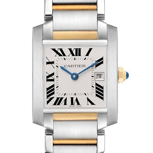 The Cartier Tank Française model is shown from the front, highlighting the rectangular face, Roman numerals, date window, and two-tone bracelet.