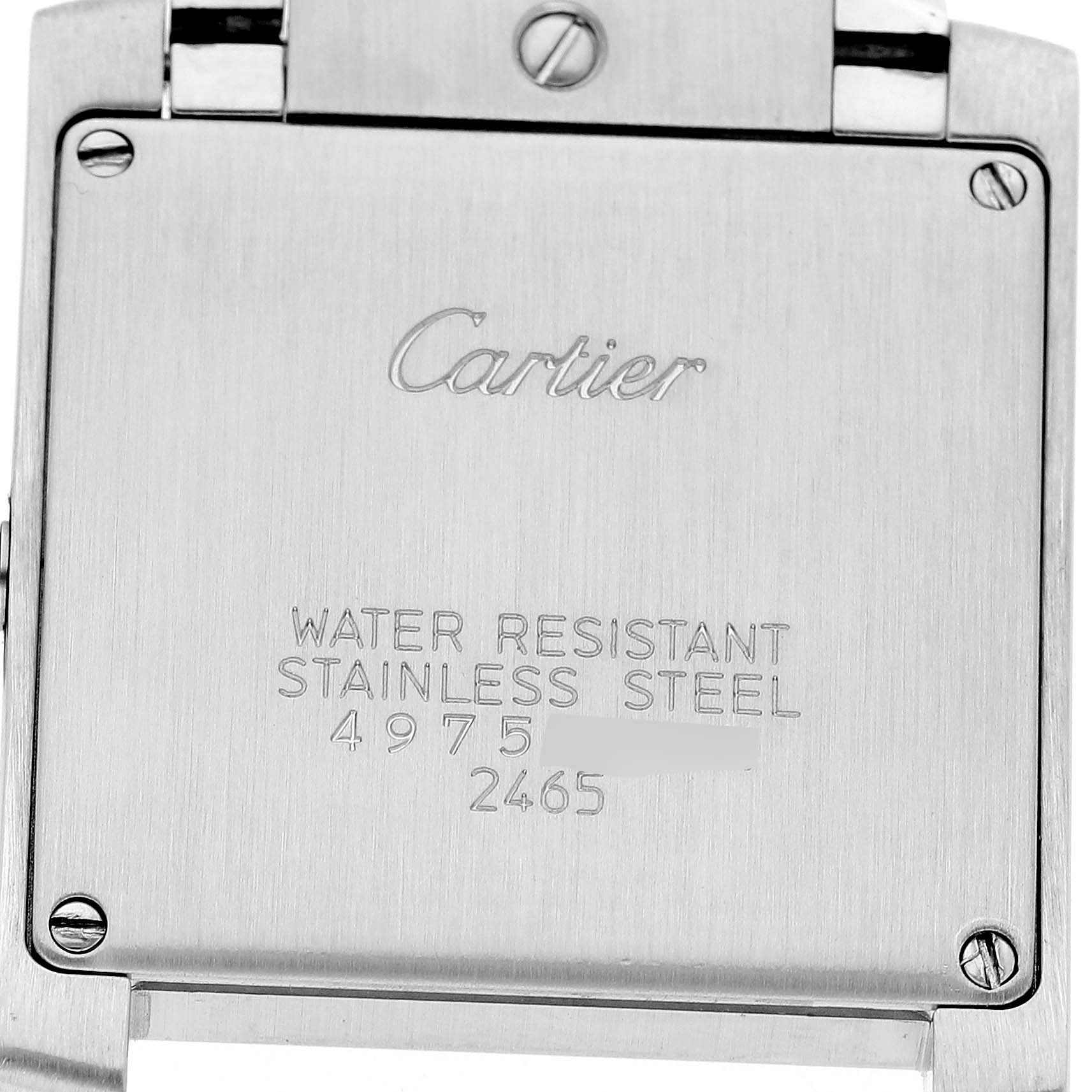 The image shows the back case of a Cartier Tank Française watch, featuring branding and specs like water resistance and material.
