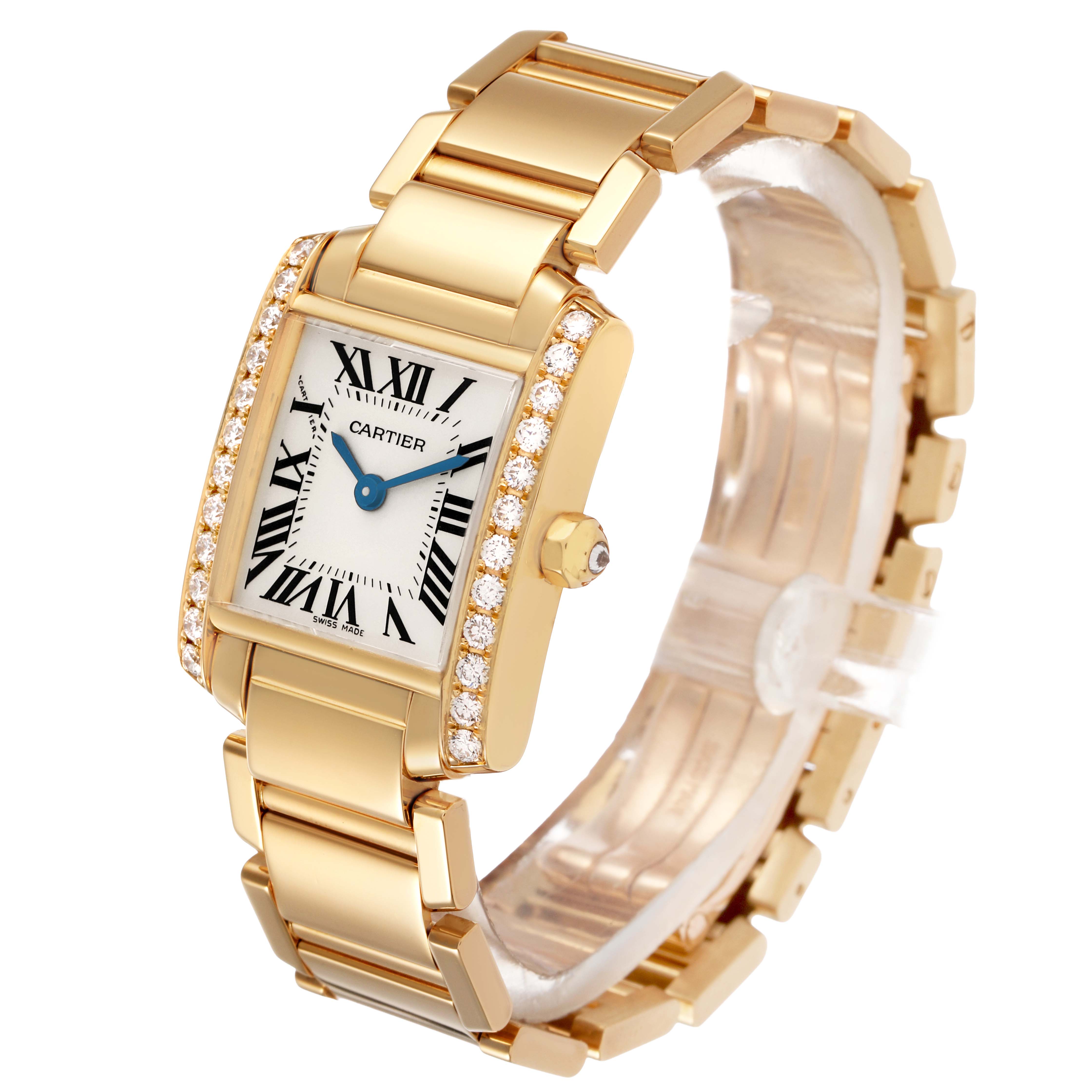 The Cartier Tank Francaise WE1001R8 Women's Yellow Gold Silver Dial is shown at an angle highlighting the gold bracelet, diamond bezel, and rectangular face.