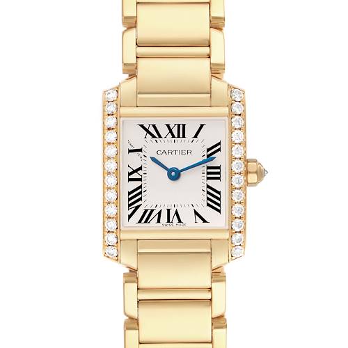 The Cartier Tank Francaise WE1001R8 Womens Yellow Gold Silver Dial watch is shown from the front, highlighting its rectangular face, blue hands, Roman numerals, and diamond accents.
