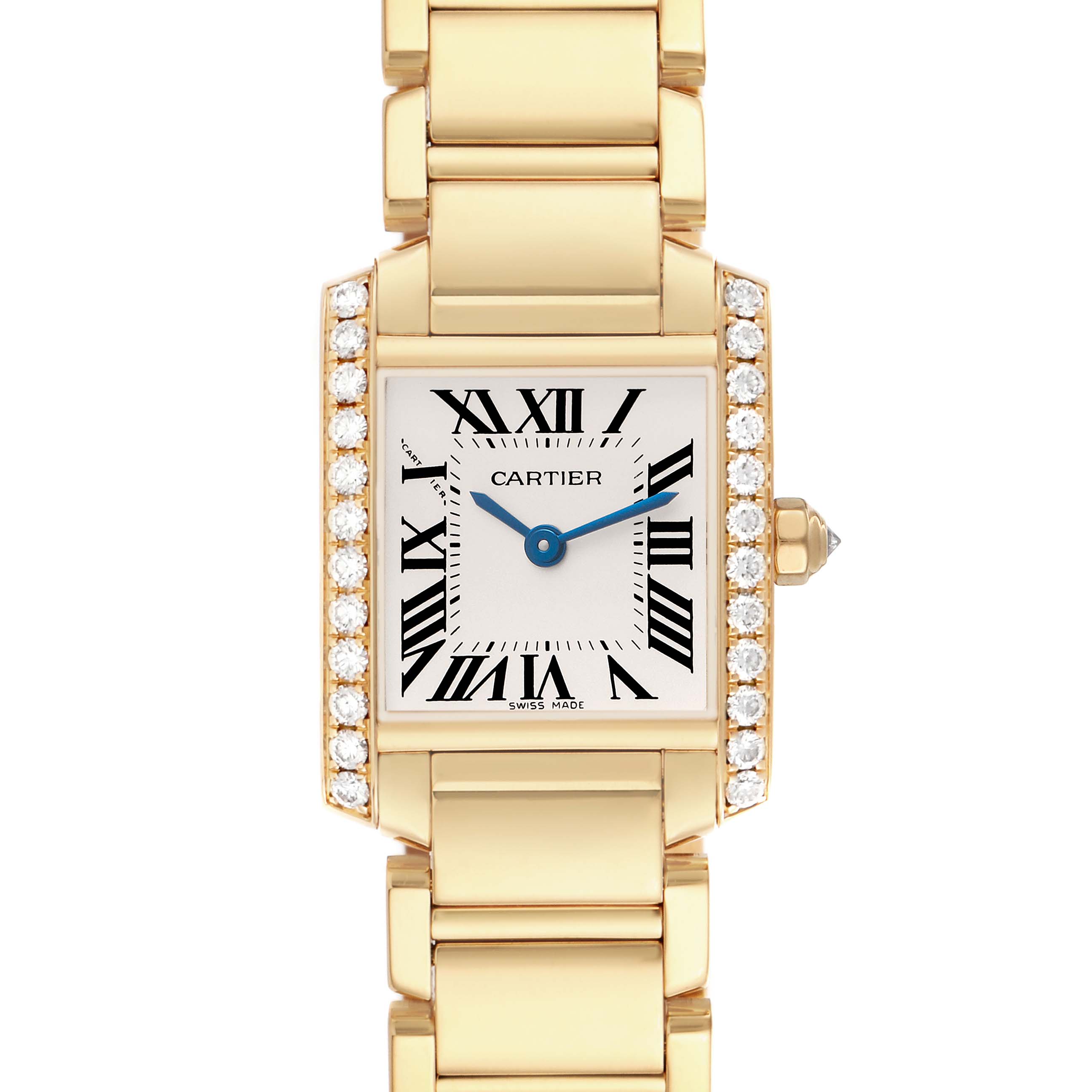 The Cartier Tank Française watch is shown from the front, highlighting its diamond-set bezel and gold bracelet.