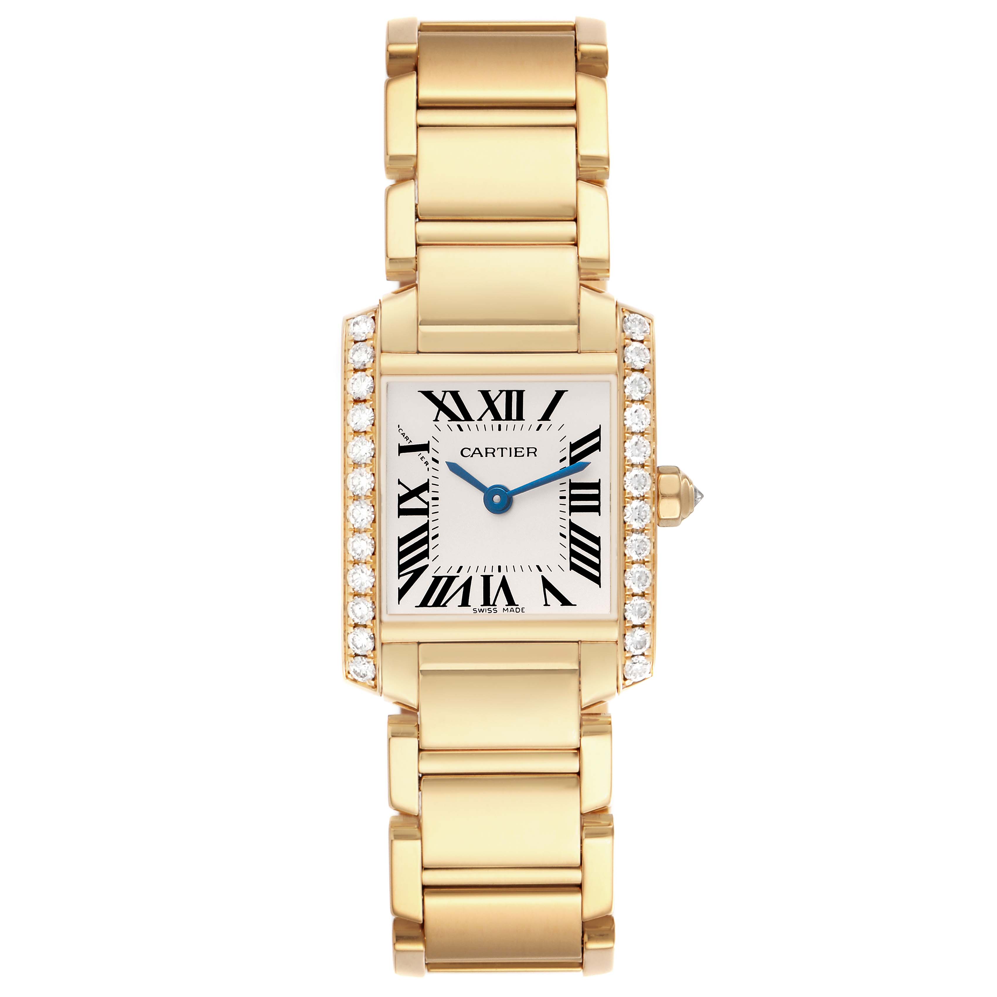 The Cartier Tank Française watch is shown from a front view displaying its bracelet, case, and dial with Roman numerals.
