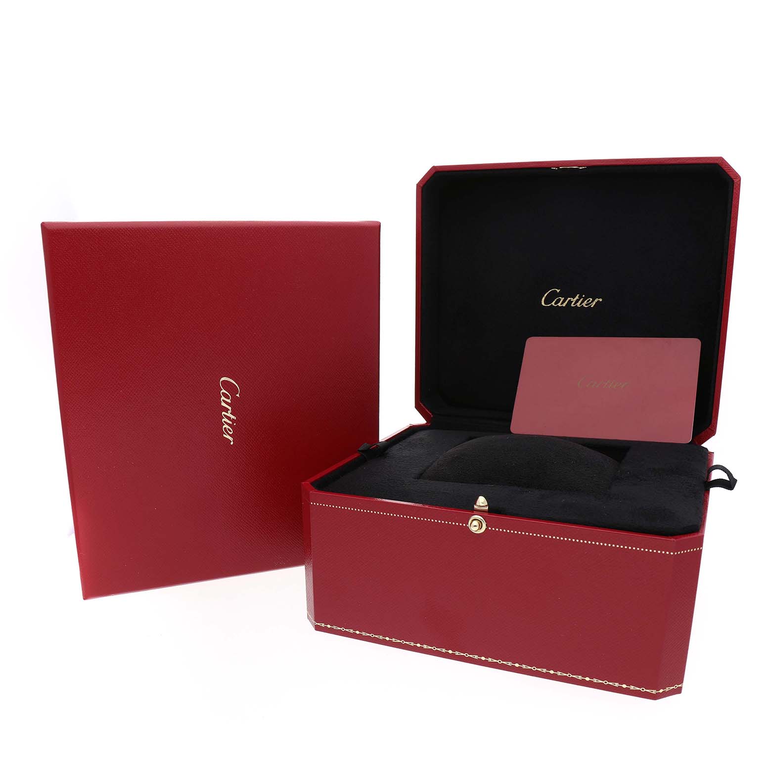The image shows a Cartier Tank Française watch box, with the box open, revealing the interior and a card.
