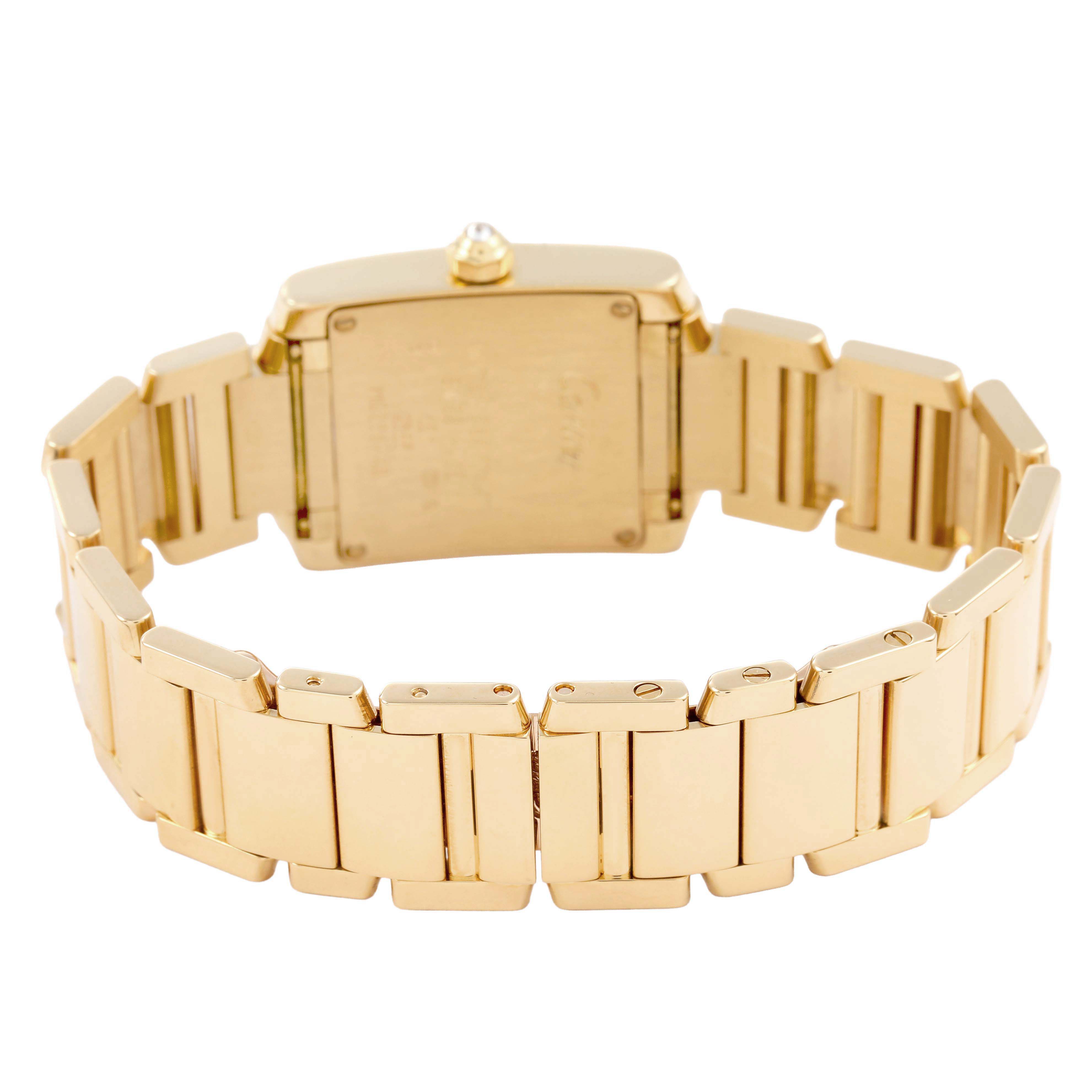 The image shows the back and bracelet of the Cartier Tank Française watch at an angle.